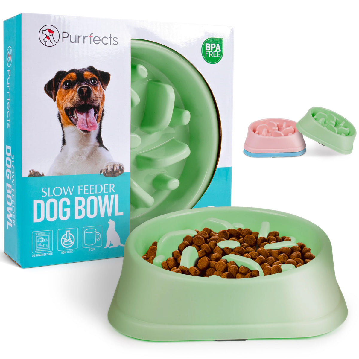 Purrfects Slow Feeder Bowl (Small/Medium Dogs) - Anti Choke, Anti Bloat - Medium Dog Bowl Slow Feeder - Mint Green