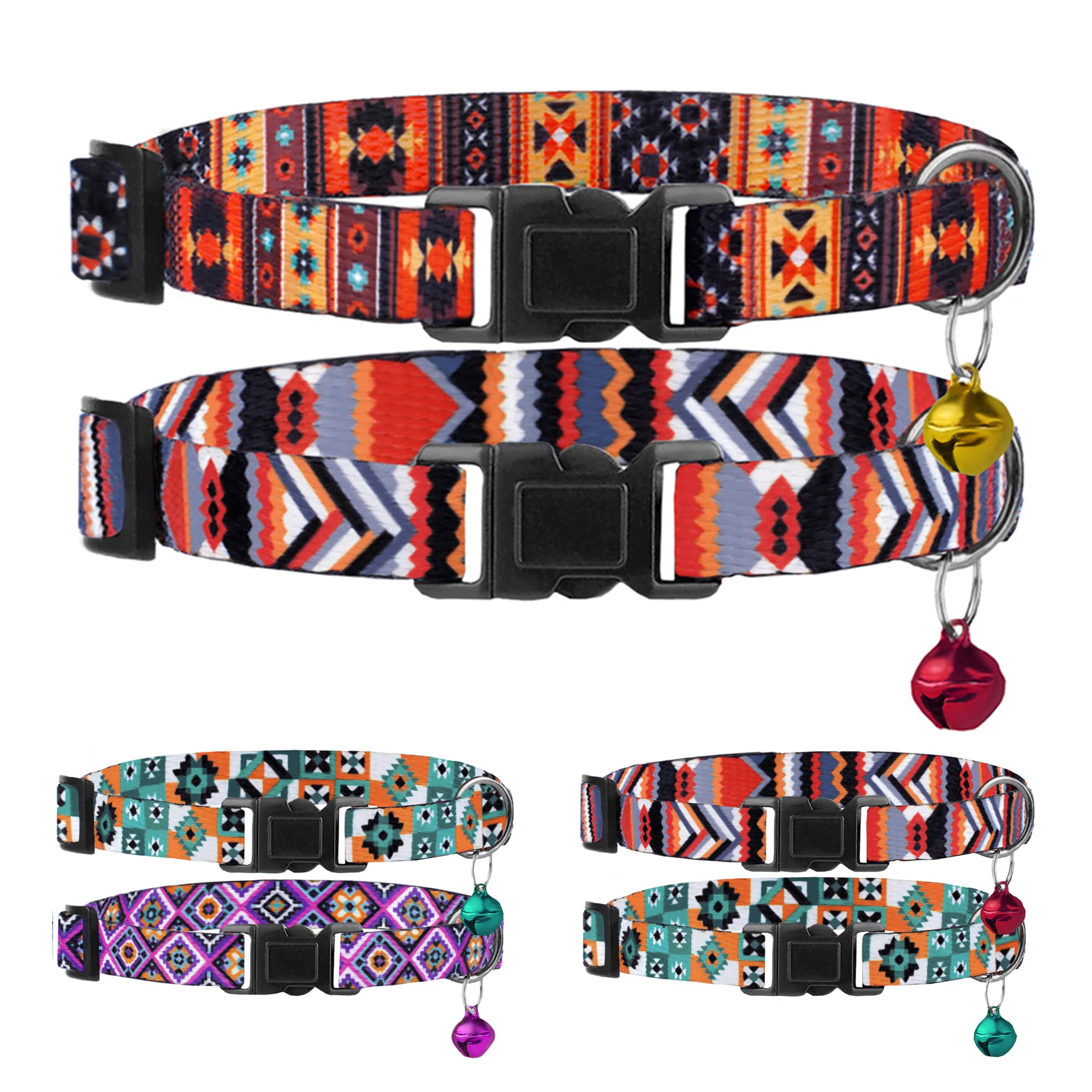 Breakaway Cat Collar With Bell - 2 Pack Safety Tribal Pattern Geometric Aztec Print Collars For Cats Kitten (Tribal + Geometric)