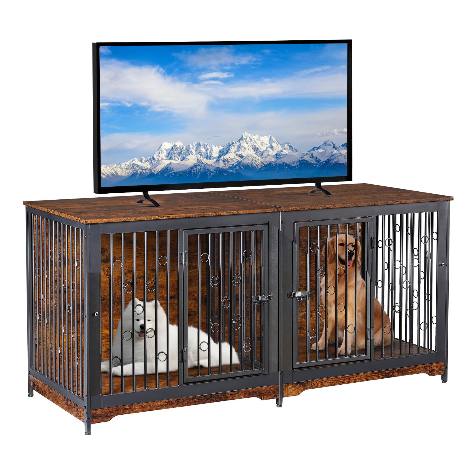 Lyromix 71 Dog Crate Furniture for 2 Large Medium Dogs, XXL Wooden Indoor Double Crate Kennel Cage Large Breed with Door, TV S