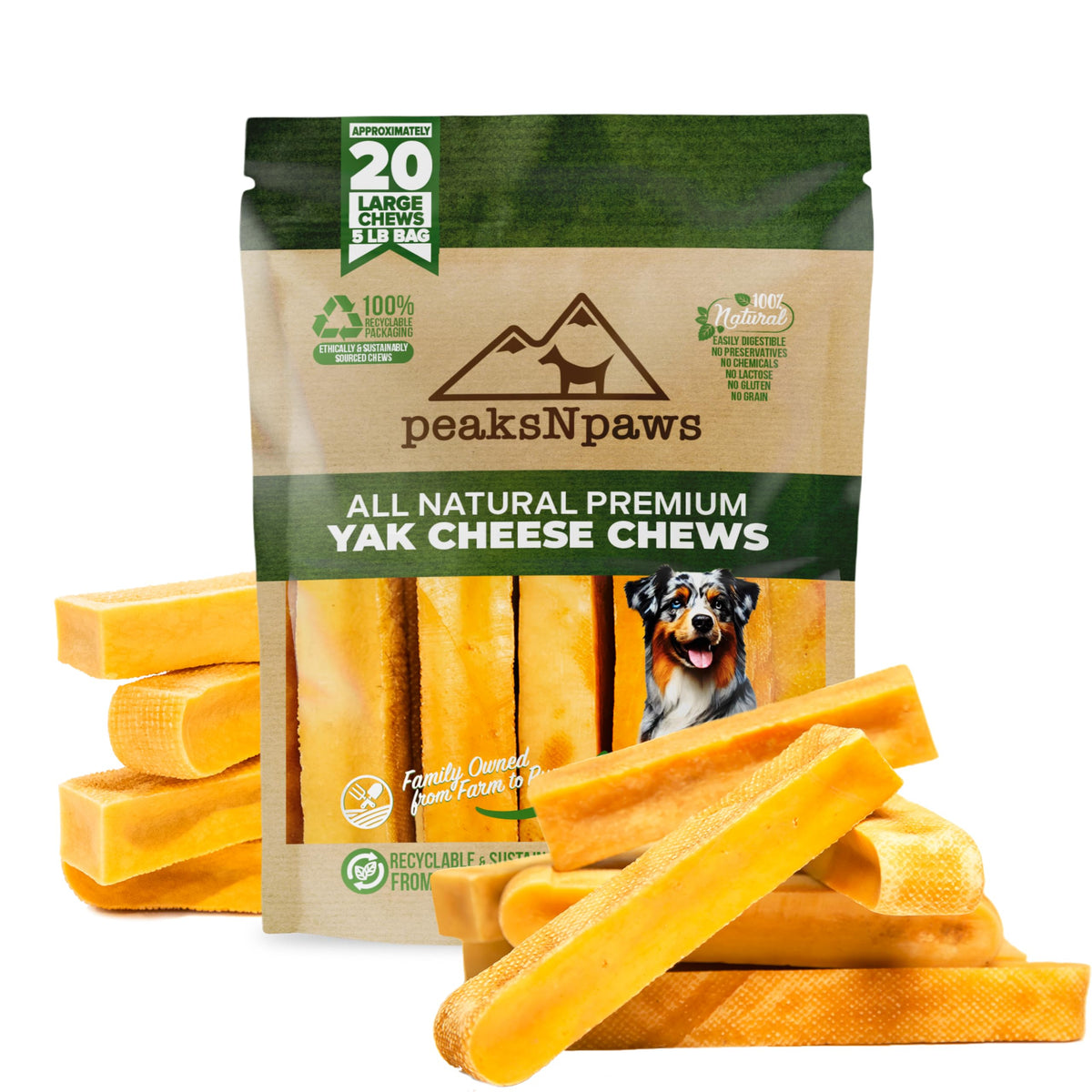 Peaksnpaws Premium Yak Cheese Dog Treats - Natural Yak Chews From Himalayan Mountains - Grain Free, Lactose Free - Easily Digestible, 100% Eco-Friendly Packaging (5 Lb. Bag)