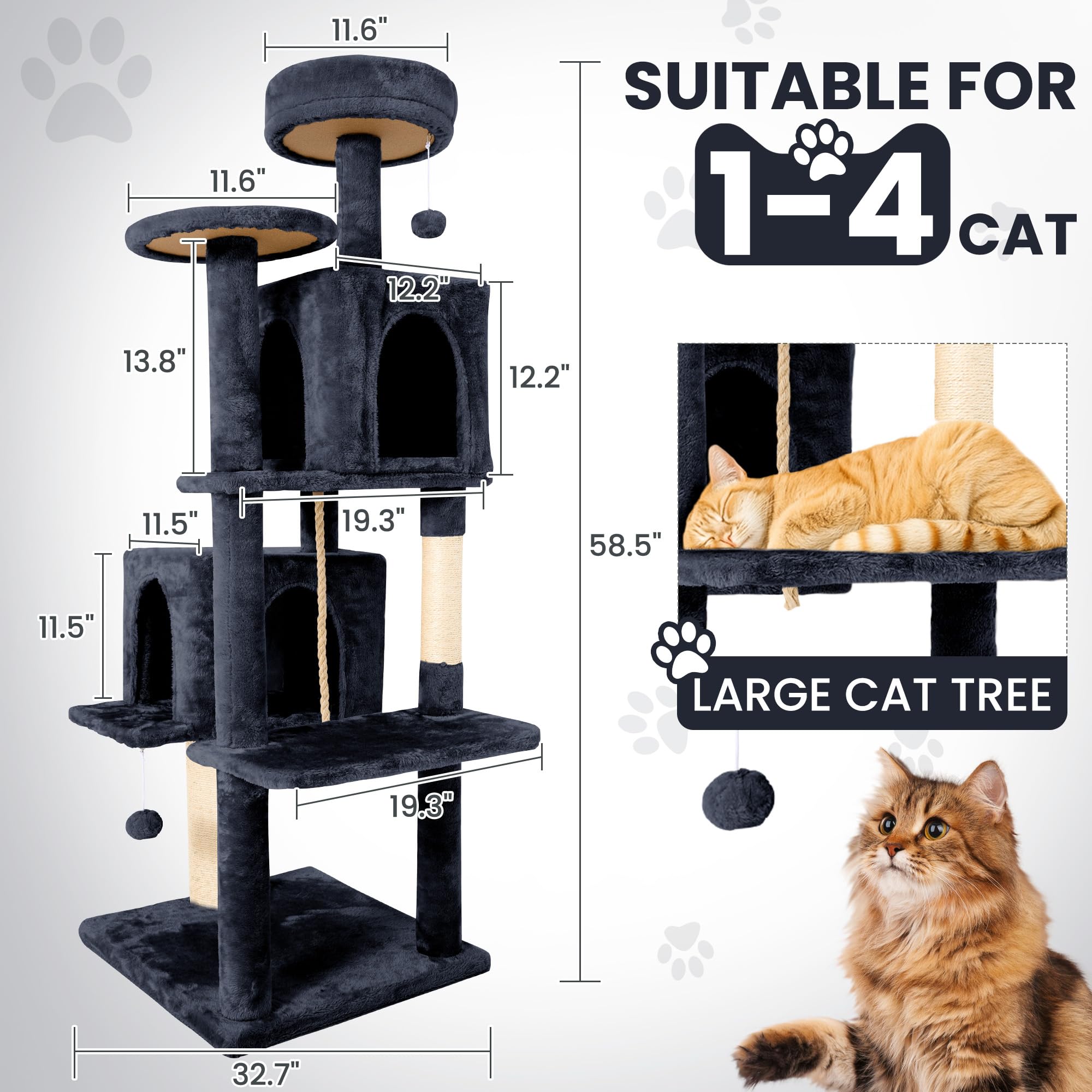 Tscomon 58.5Inch Large Cat Tree Tower Condo For Indoor Cats, Soft Plush Multi-Level Climbing Tree Cat House With 1 360 Rotating