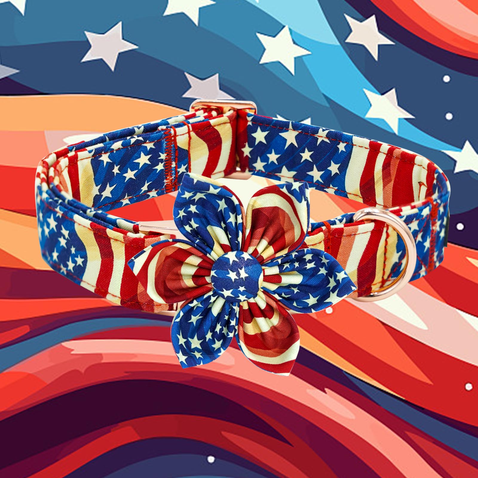 Elegant Little Tail Independence Dog Collar, Patriotic Pet Collar With Flower American 4Th Of July Holiday Cotton Soft Boy Girl