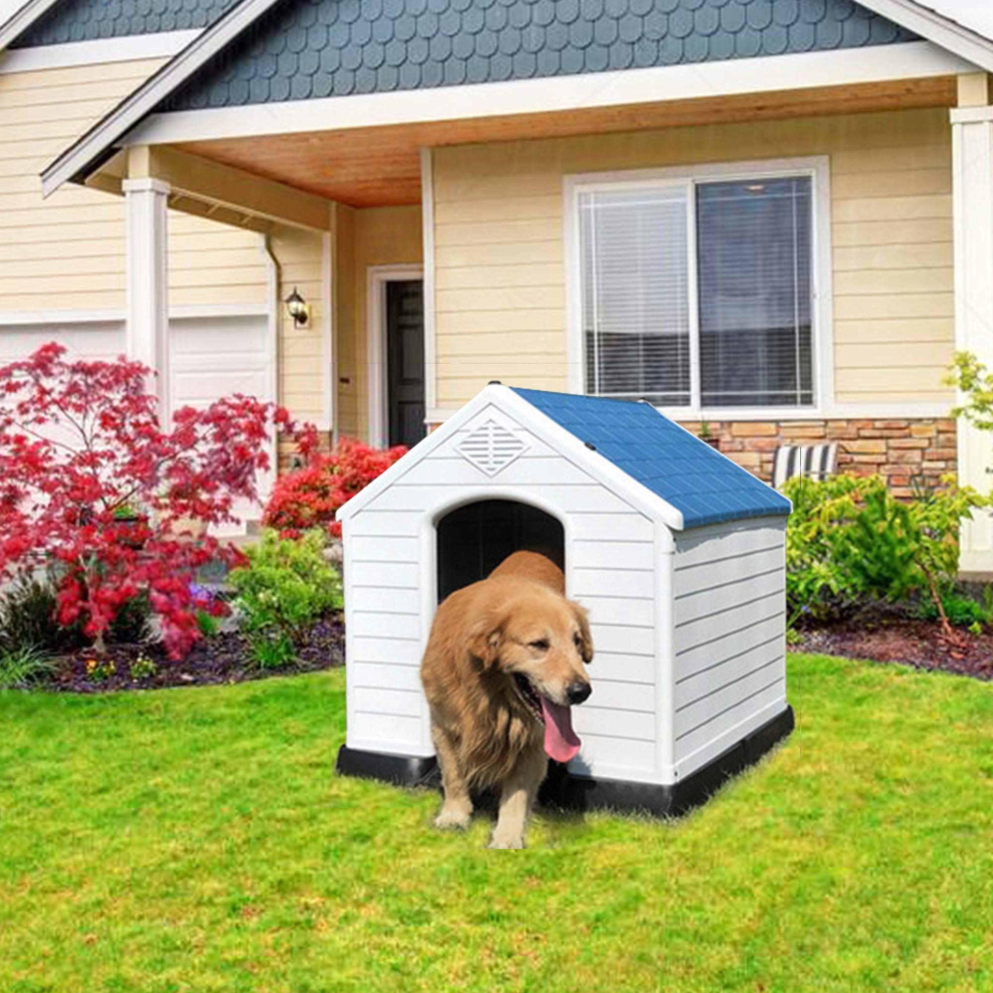 Zeny Plastic Dog House - Waterproof Dog Kennel With Air Vents And Elevated Floor All Weather Indoor Outdoor Insulated Doghouse P