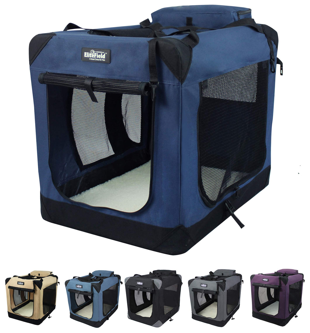 Elitefield 3-Door Folding Soft Dog Crate With Carrying Bag And Fleece Bed (2 Year Warranty), Indoor & Outdoor Pet Home (30' L X 21' W X 24' H, Navy Blue)