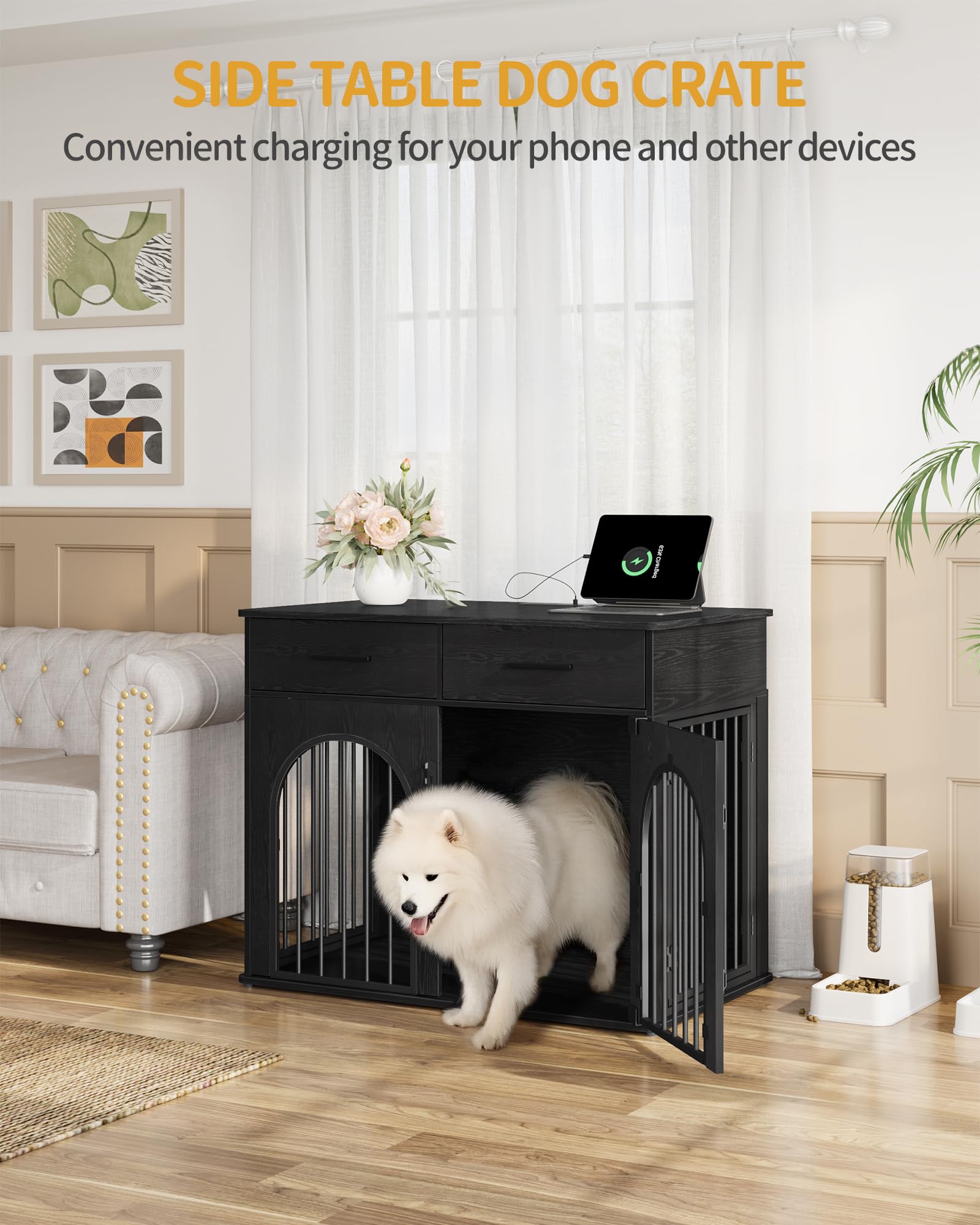 Hzuaneri 43.3 Large Dog Crate Furniture with 2 Storage Drawers, Heavy Duty Dog Kennel Indoor with Charging Station, Wooden Dog