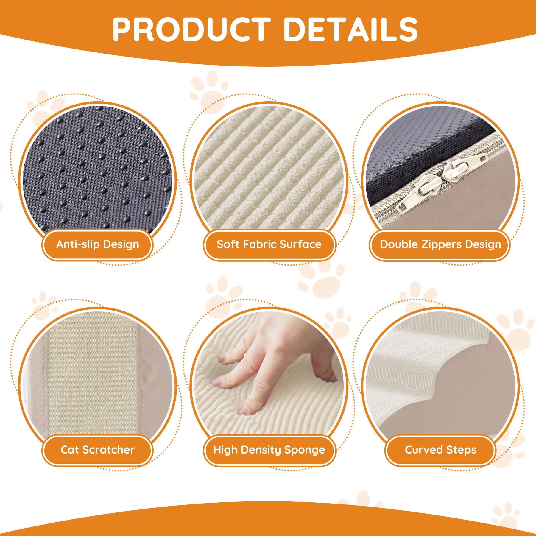 Pet Stairs For Small Dogs - 3-Step Curved Dog Ramp For Bed, Couch, Sofa, Car And Chairs - Non-Slip Bottom Design - Cat Scratchin