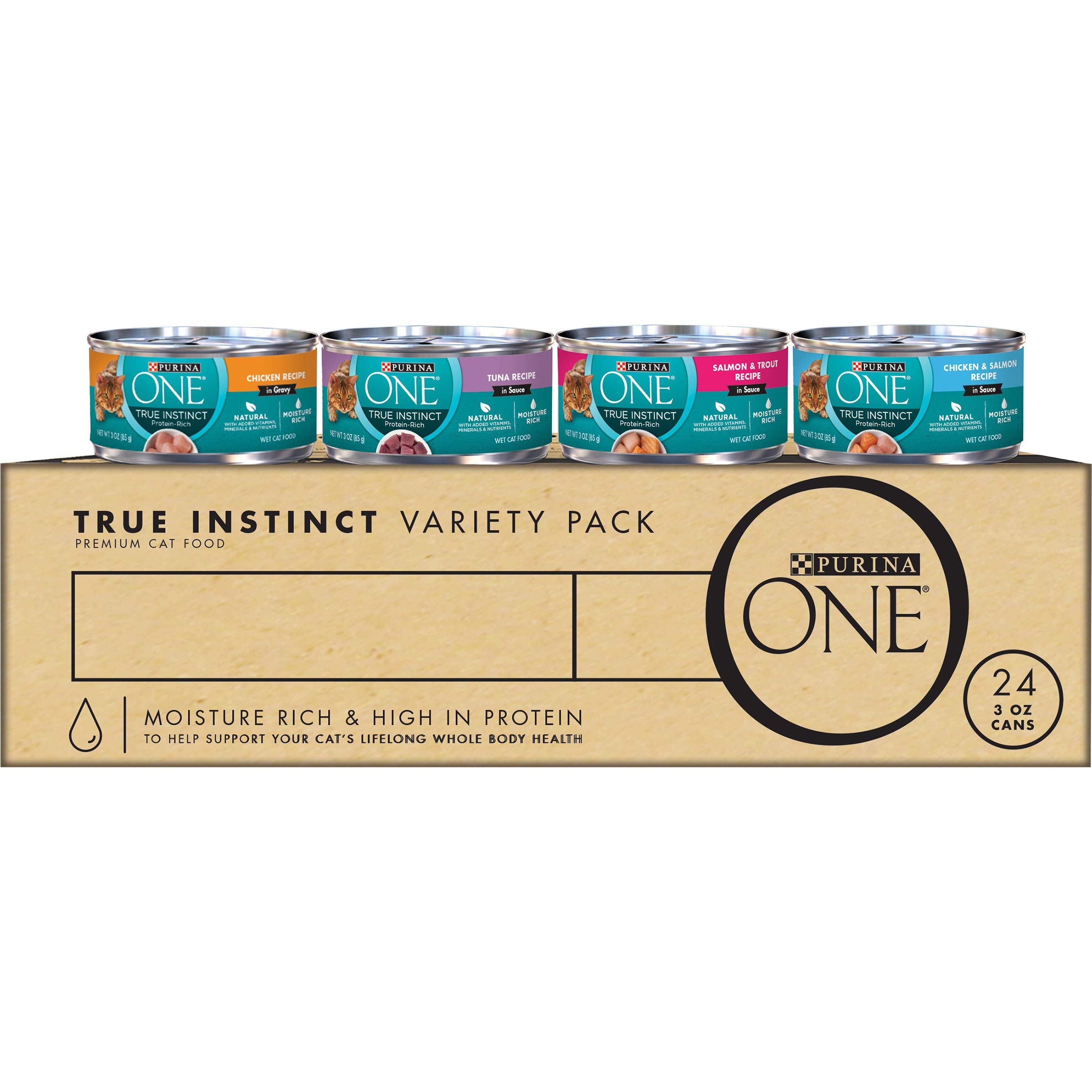Purina ONE Natural, High Protein Wet Cat Food Variety Pack, True Instinct Chicken, Tuna, Salmon and Trout Recipes - (Pack of 24)