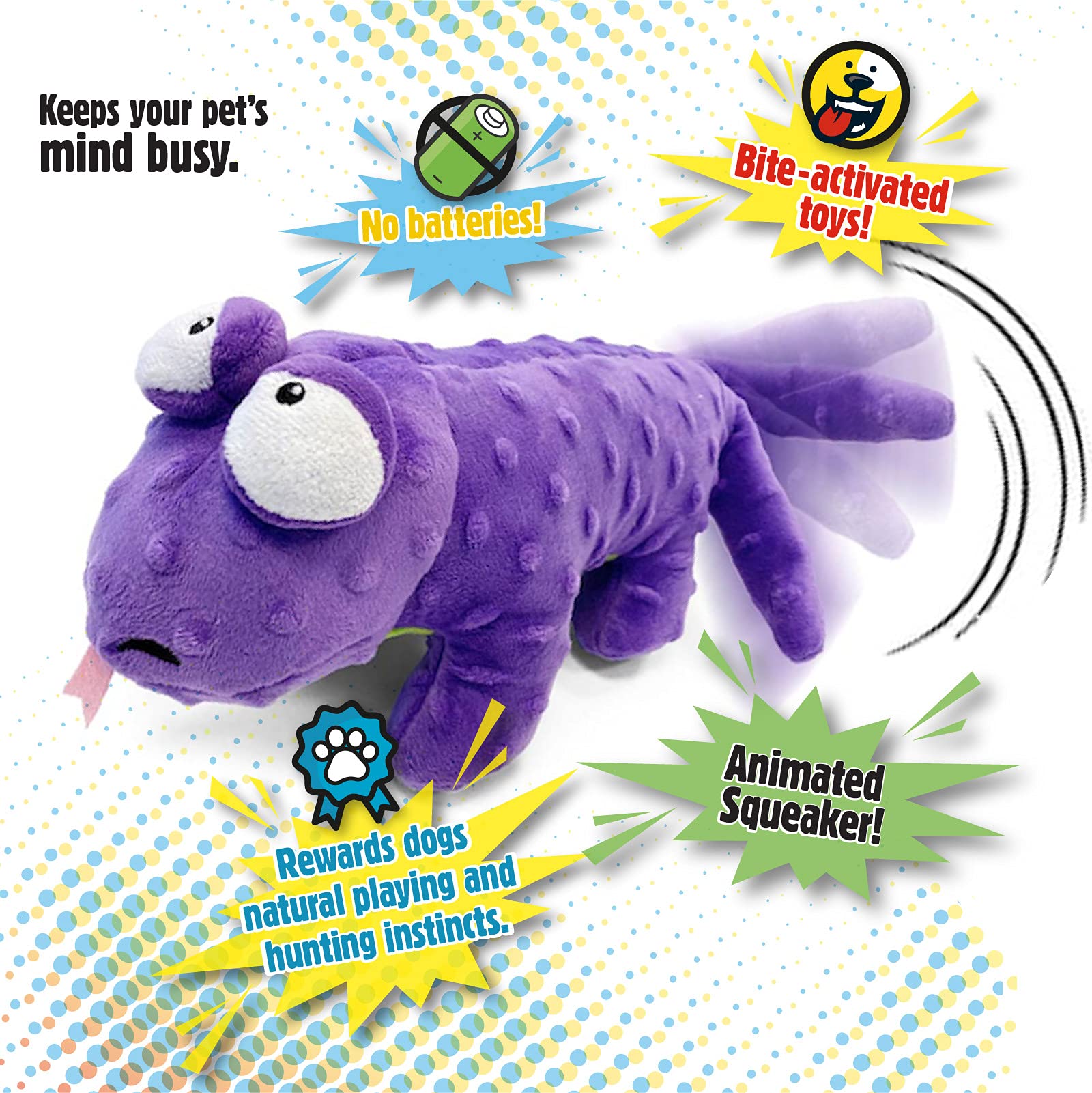 goDog Action Plush Lizard Animated Squeaky Dog Toy, Chew Guard Technology - Purple, One Size