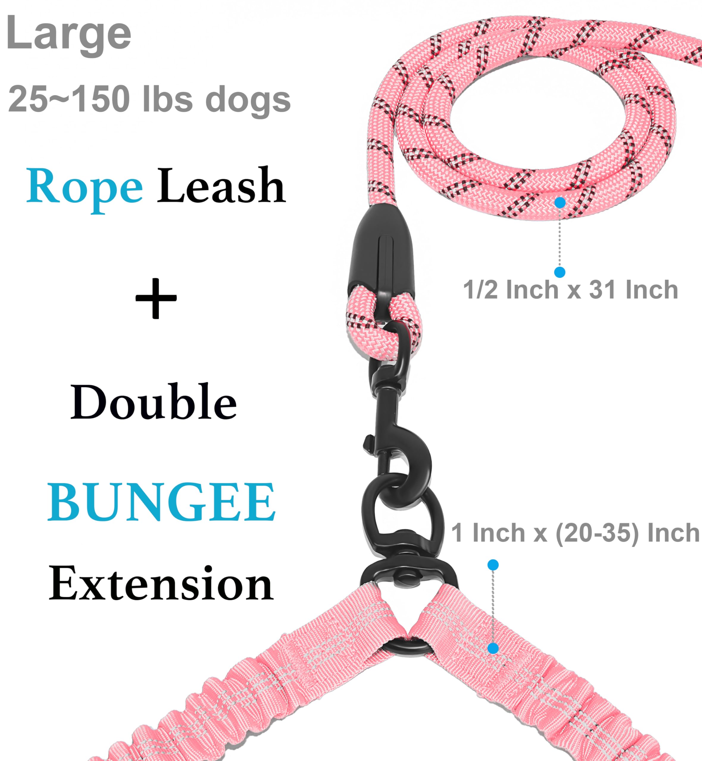 Iyoshop Dual Dog Leash, Double Dog Leash, 360 Swivel No Tangle Walking Leash, Shock Absorbing Bungee For Two Dogs, Large (25-150 Lbs), Baby Pink