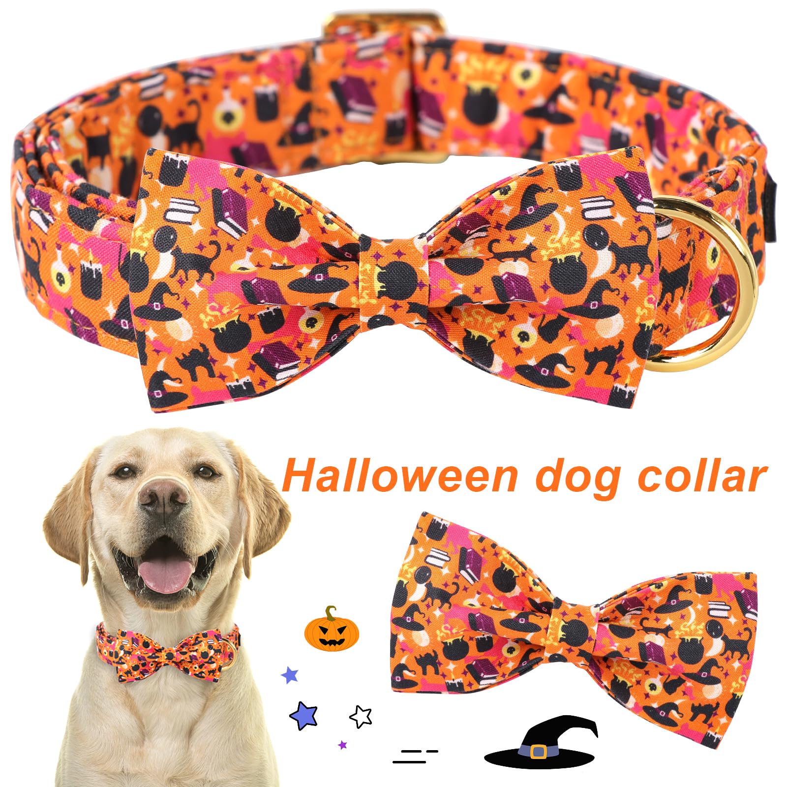 Aring Pet Halloween Dog Collar, Cute Orange Festival Dog Collar With Bow, Adjustable Cotton Halloween Pet Collars With Metal Buckle