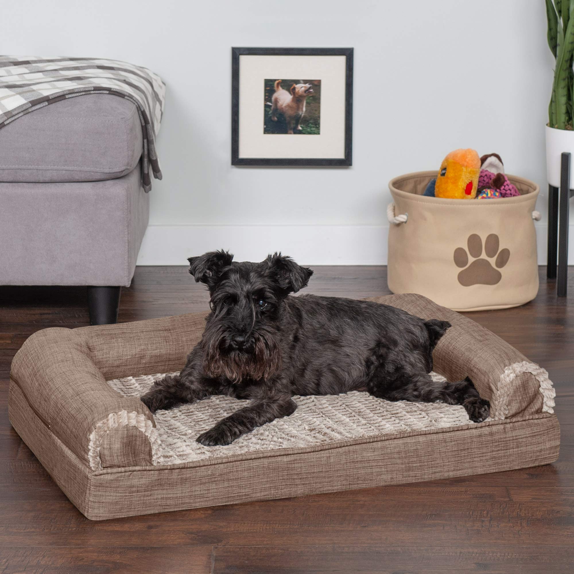 Furhaven Cooling Gel Dog Bed for Medium/Small Dogs w/ Removable Bolsters & Washable Cover, For Dogs Up to 35 lbs - Luxe Faux Fur