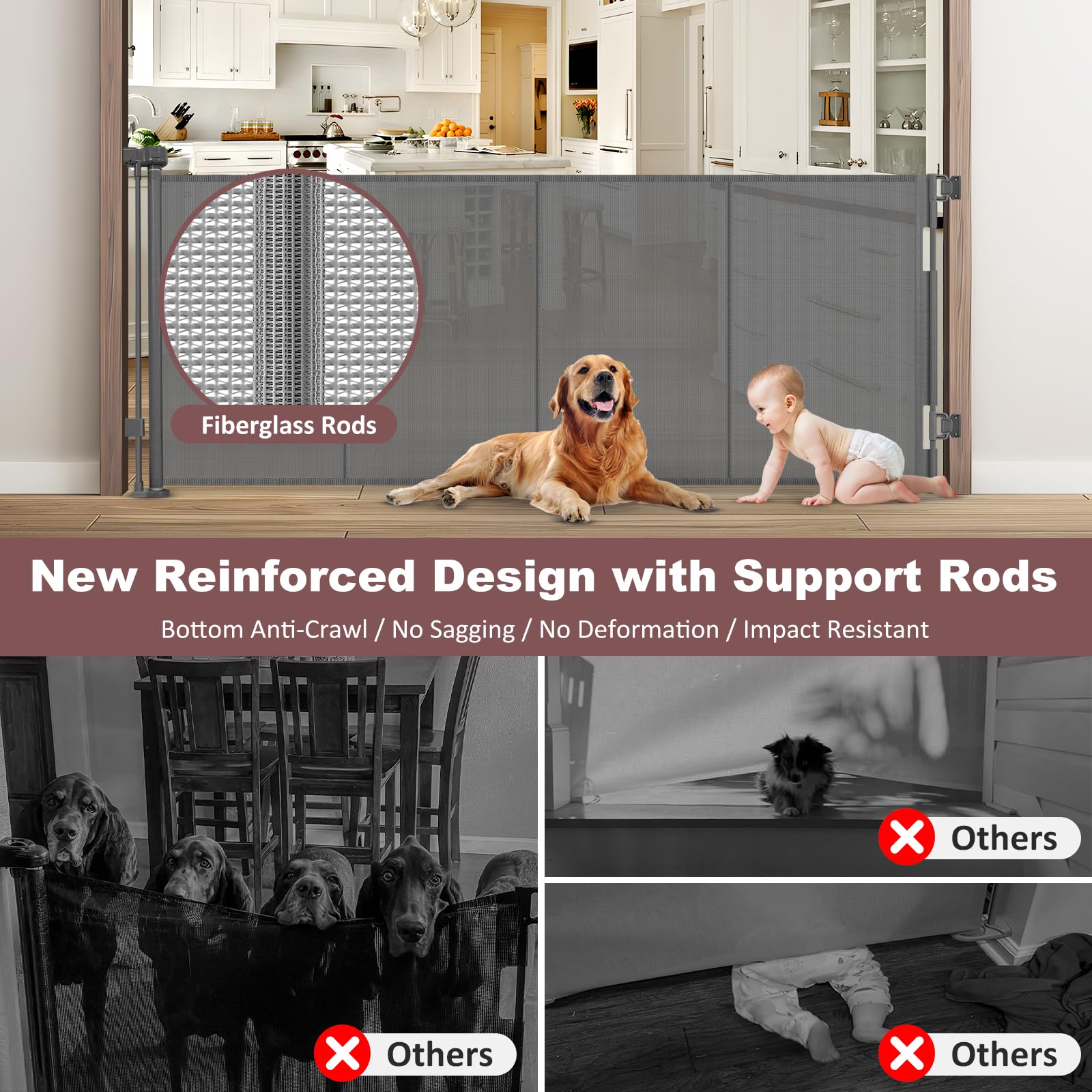 GRENFU Reinforced 41 Inch Extra Tall Pet Gate, 80 Inch Extra Wide, Retractable Baby Gate with Support Rods, Gray, Metal Frame wi
