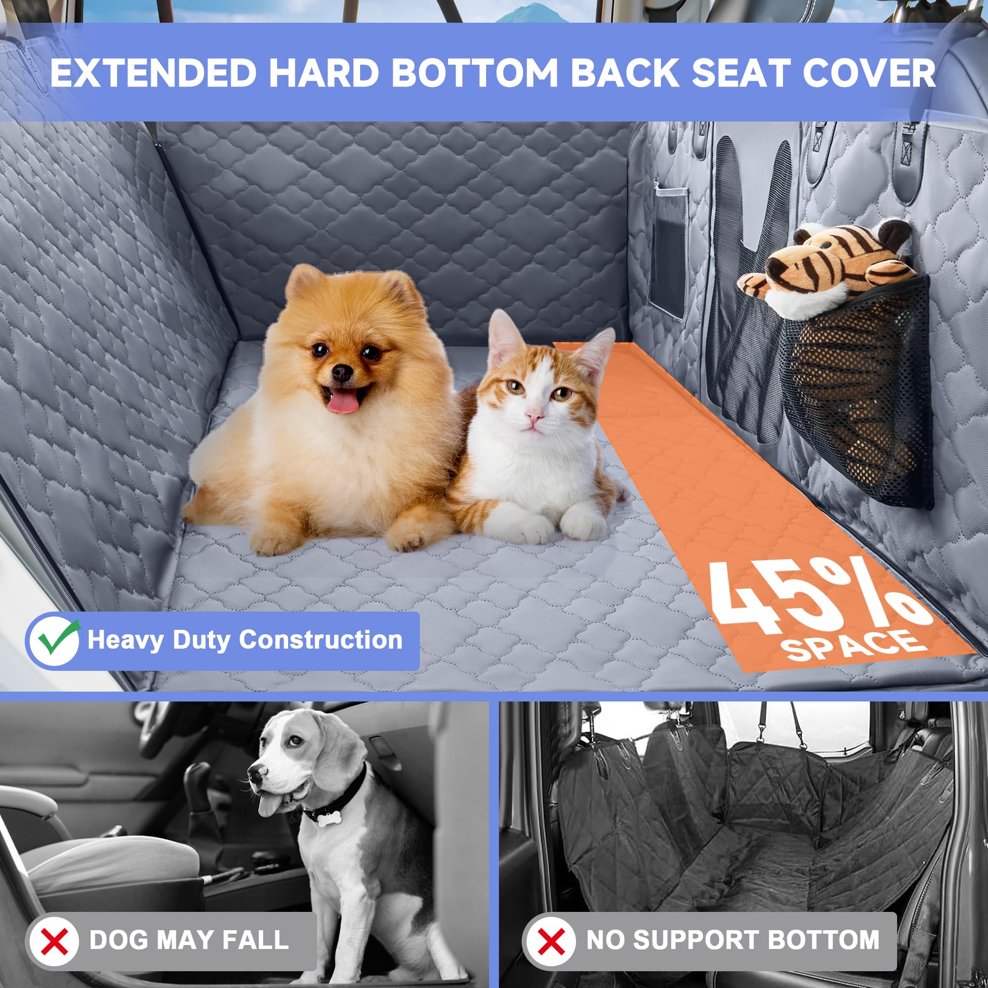 Spacocld Dog Car Seat Cover For Back Seat - Extender With Hard Bottom Holds 400 Lbs, Waterproof Protector With Mesh Window, Hamm