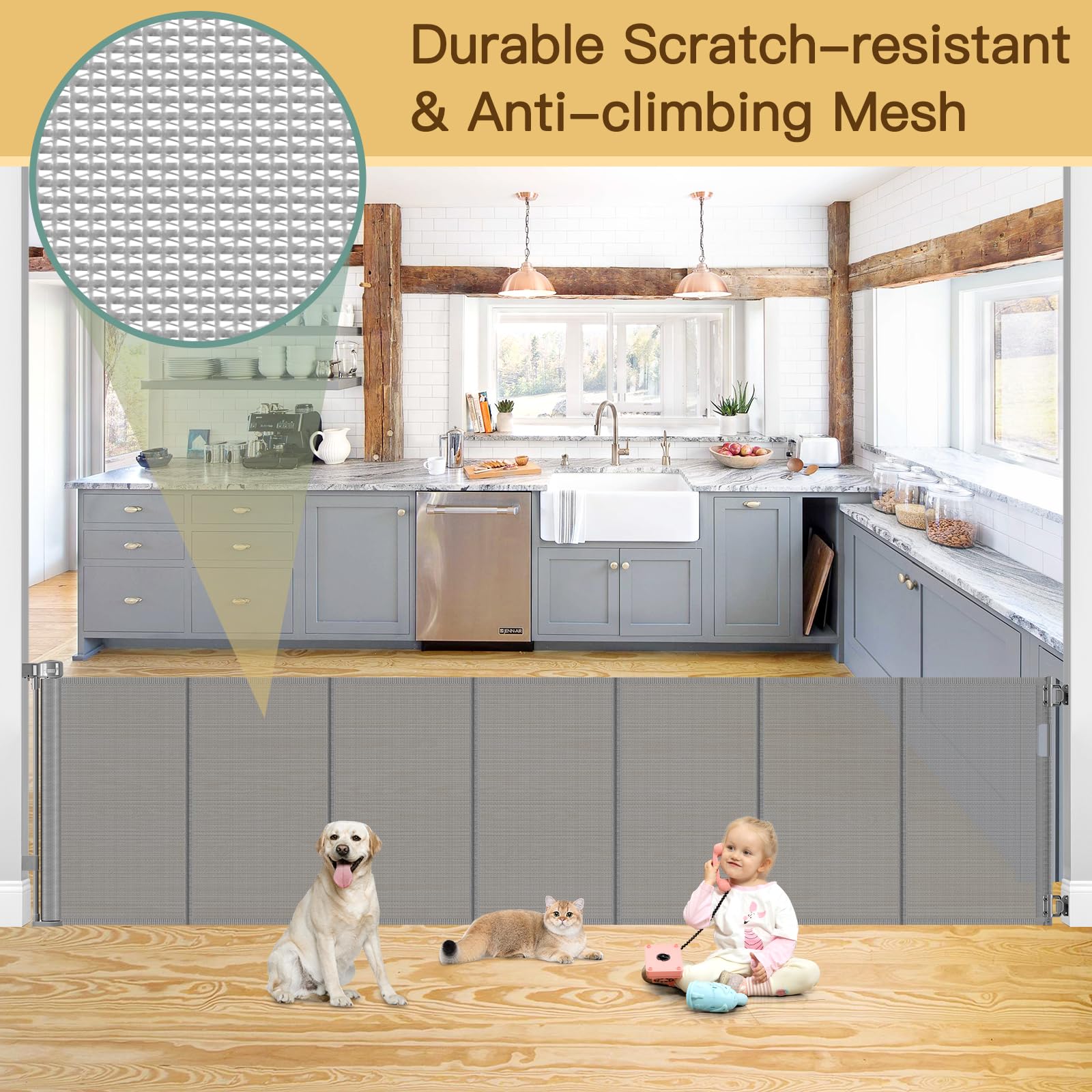 Reinforced 120 Inch Extra Wide Retractable Baby Gate with Support Rods, 33    Tall Retractable Pet Gate for Dogs, Indoor/Outdoor