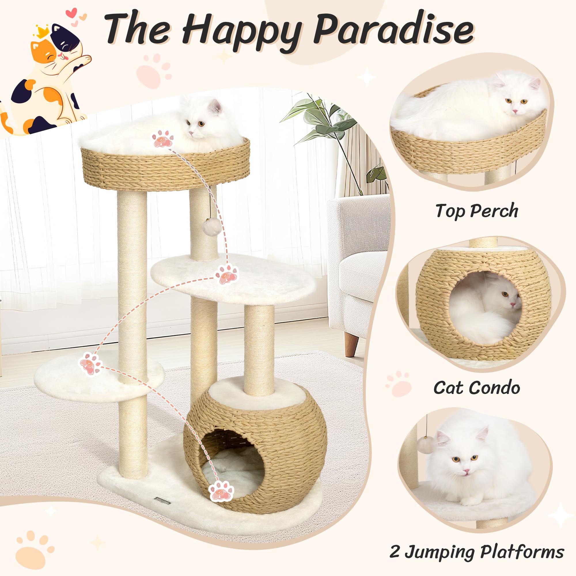 Kamaboko Modern Cat Tree, 39'' Tall Cat Trees For Indoor Cats, Cat Condo Natural Sisal With Scratching Posts, Hand-Woven Tower &