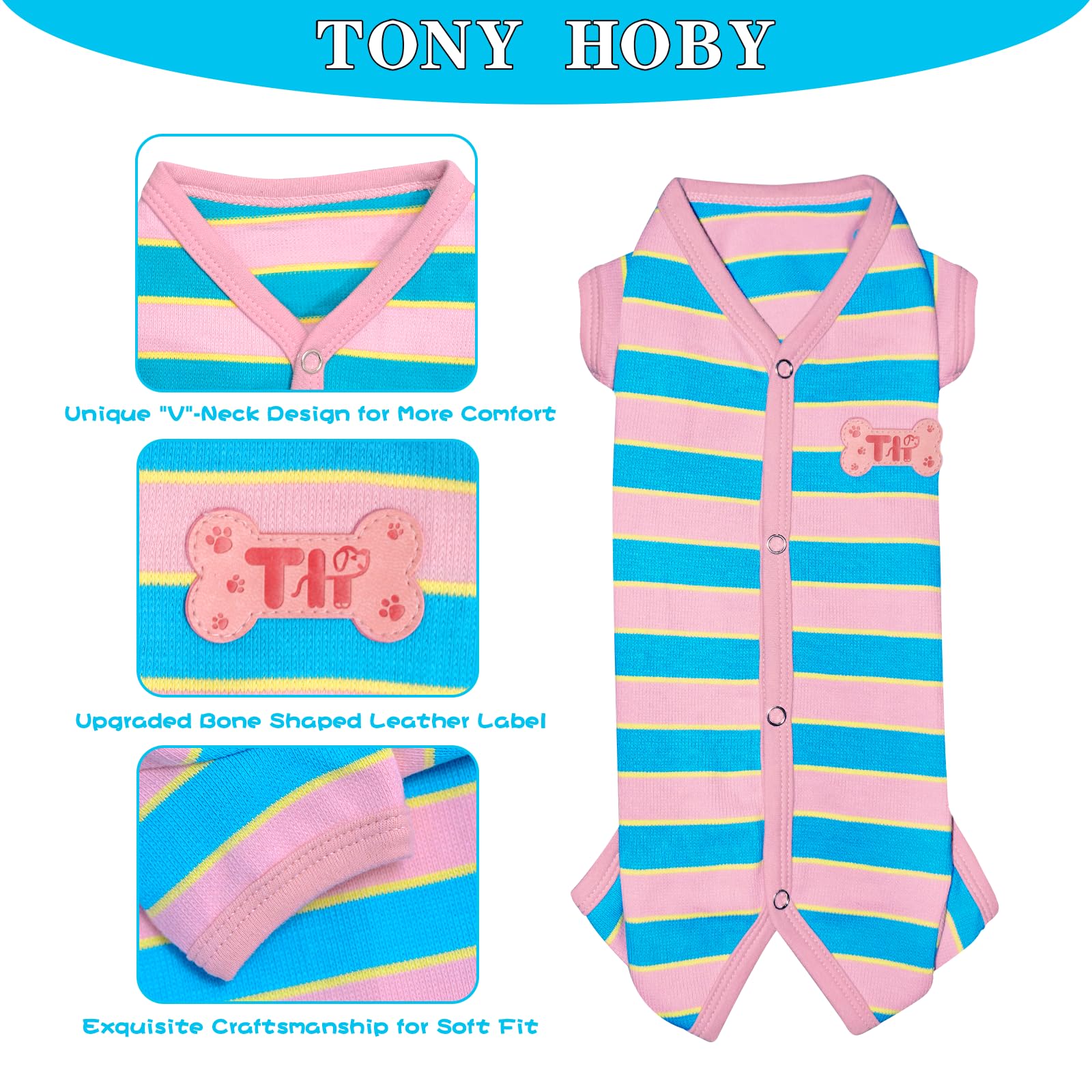 Tony Hoby Female Dog Pajamas With Colorful Stripe, Pet Clothes For Small Medium Dogs (Pink&Blue, Girl, Xs)