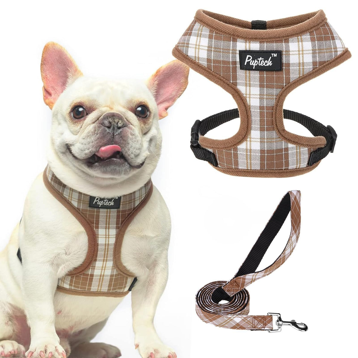 Pupteck Soft Mesh Dog Harness And Leash Set Pet Puppy Cat Comfort Padded Vest No Pull Harnesses, Brown, L