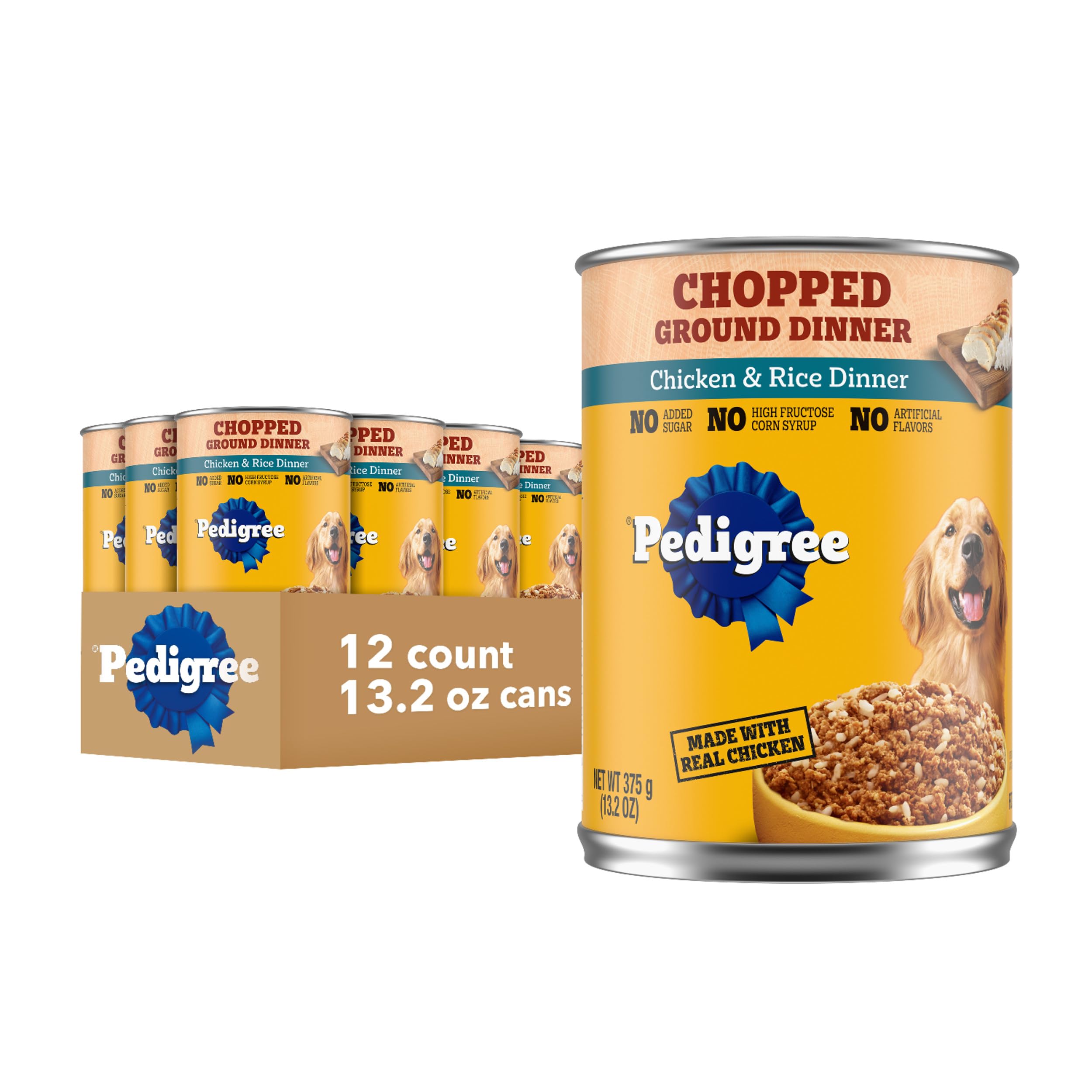 PEDIGREE Adult Canned Wet Dog Food Chopped Ground Dinner Chicken & Rice Flavor, (12) 13.2 oz. Cans