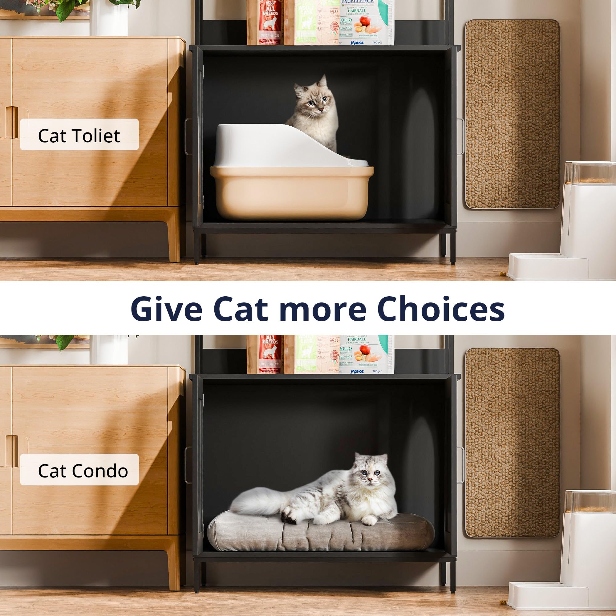 Cozy Castle Litter Box Enclosure, 57 Cat Litter Box Furniture with Large Cabinet, Shelves, Hidden Cat House for Most of Litter