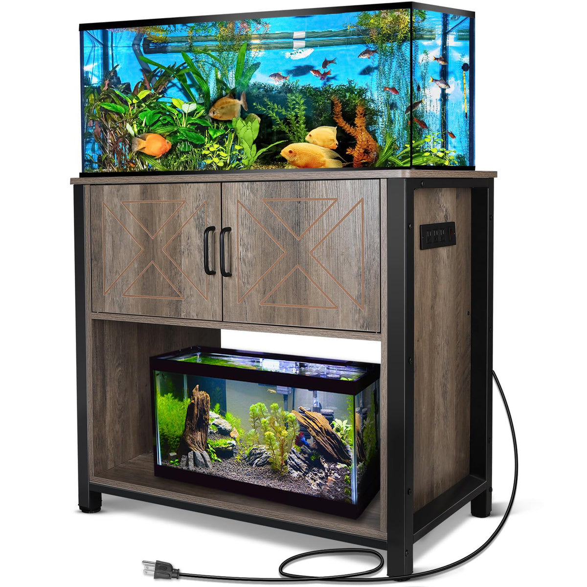 Beuruku 40 Gallon Aquarium Stand With Cabinet & Power Outlets, Heavy Duty Metal Stand For 40-50 Gallon Breeder & Turtle Tanks, D
