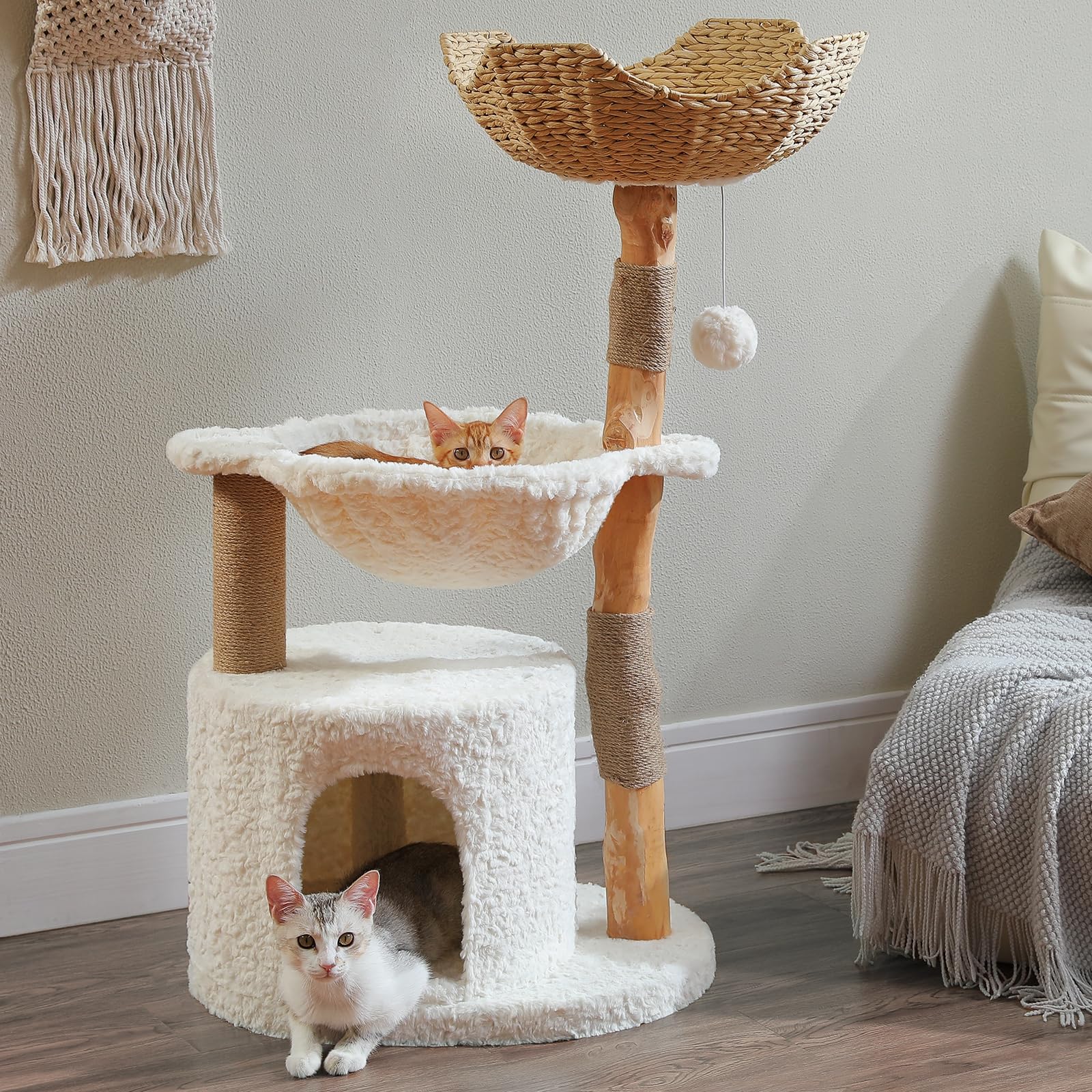 Muttros Modern Cat Tree For Large Cats, Wood Cat Tower For Indoor Cats, Real Branch Luxury Cat Furniture With Super Large Cozy C