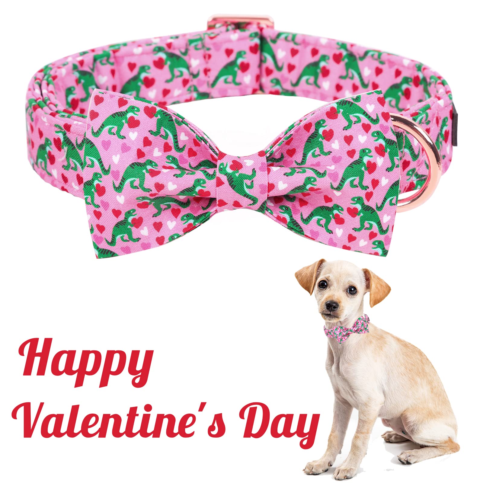 Unique Style Paws Dog Collar With Bowtie Pink Dinosaur & Heart Puppy Collar Suitable For Small Medium Large Dogs With Adjustable Safety Metal Buckle For Valentine'S Day-Xs