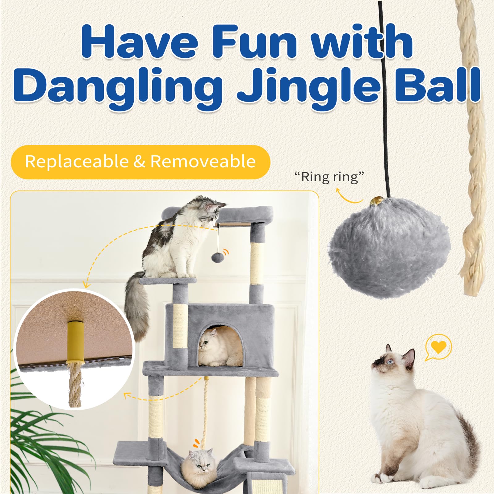 Abcpet Cat Tree Tower 63In Multi-Level Cat Tower For Indoor Cats With Sisal Scratching Posts, Condo, Hammock, Dangling Ball And