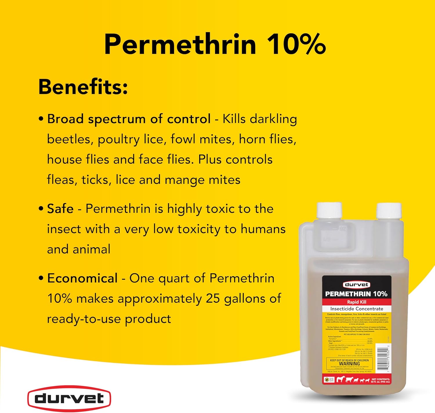 Durvet Permethrin EC 10% Concentrate, 32 oz - Effective Insecticide for Livestock and Pets