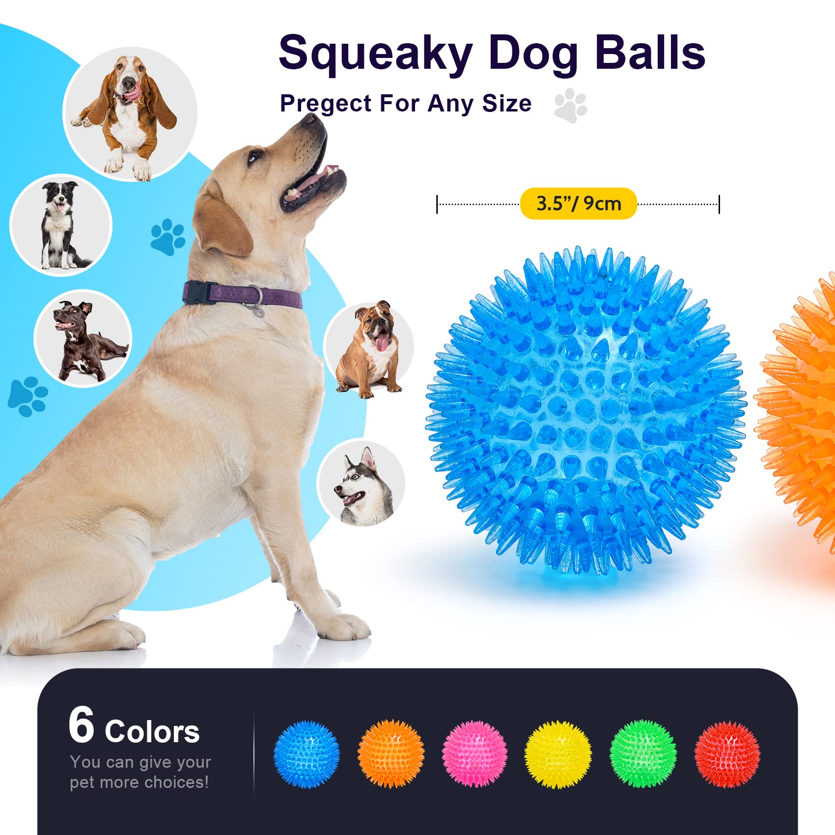 VITEVER 3.5    Squeaky Dog Toy Balls (6 Colors) Puppy Chew Toys for Teething, BPA Free Non-Toxic, Spikey Dog Balls for Medium, L
