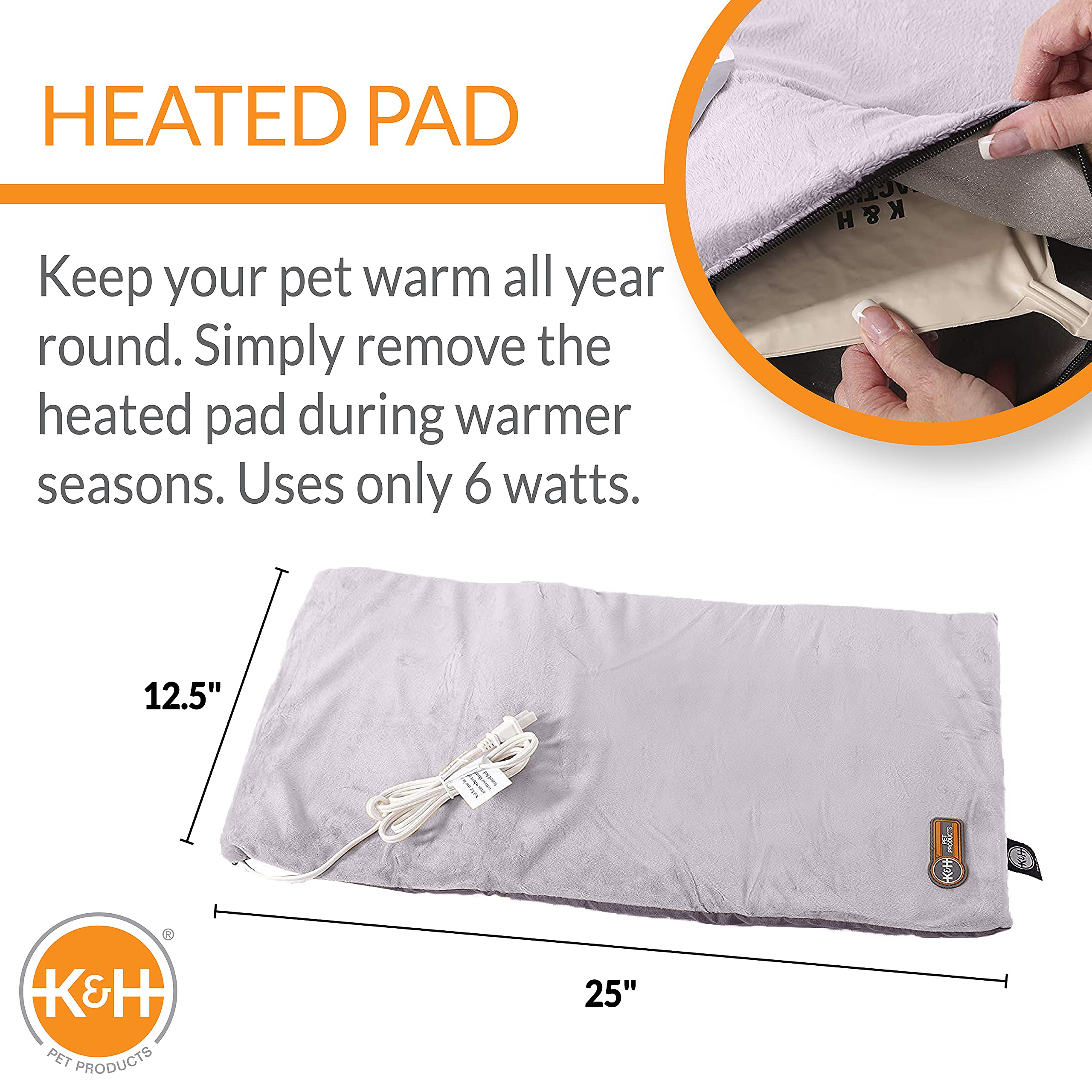 K&H Pet Products Heated Cat Bed Pad For Indoor Cats, Thermo-Kitty Mat Calming Warm Pet Heating Pad For Inside Pets, Machine Washable, Waterproof Heater, Safety Listed - 12.5 X 25In Gray
