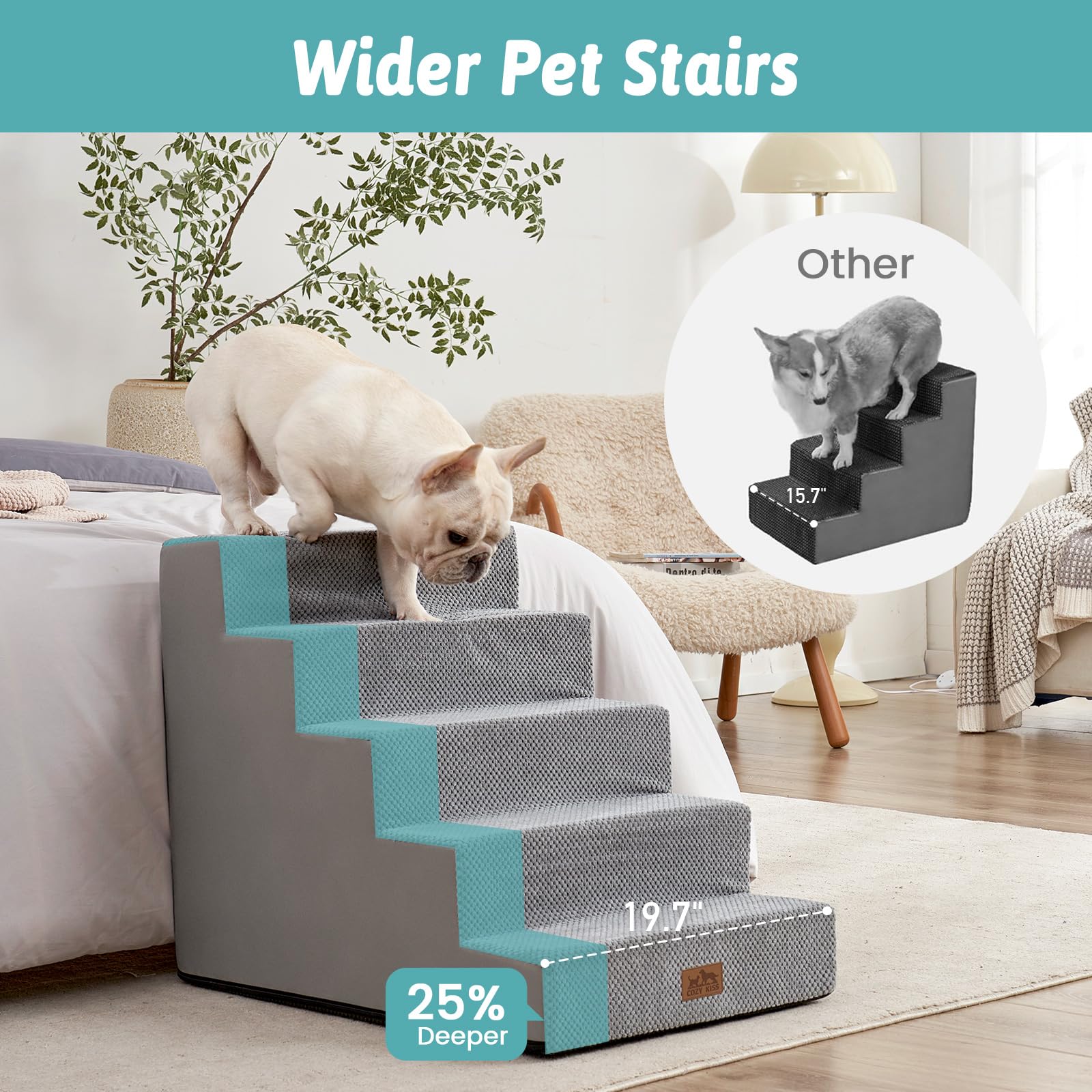 Cozy Kiss Dog Stairs For Small Dogs, 5 Tier Wider Pet Stairs For High Beds, 23.6'' H Non-Slip Dog Steps For Old Cats, Puppies, S