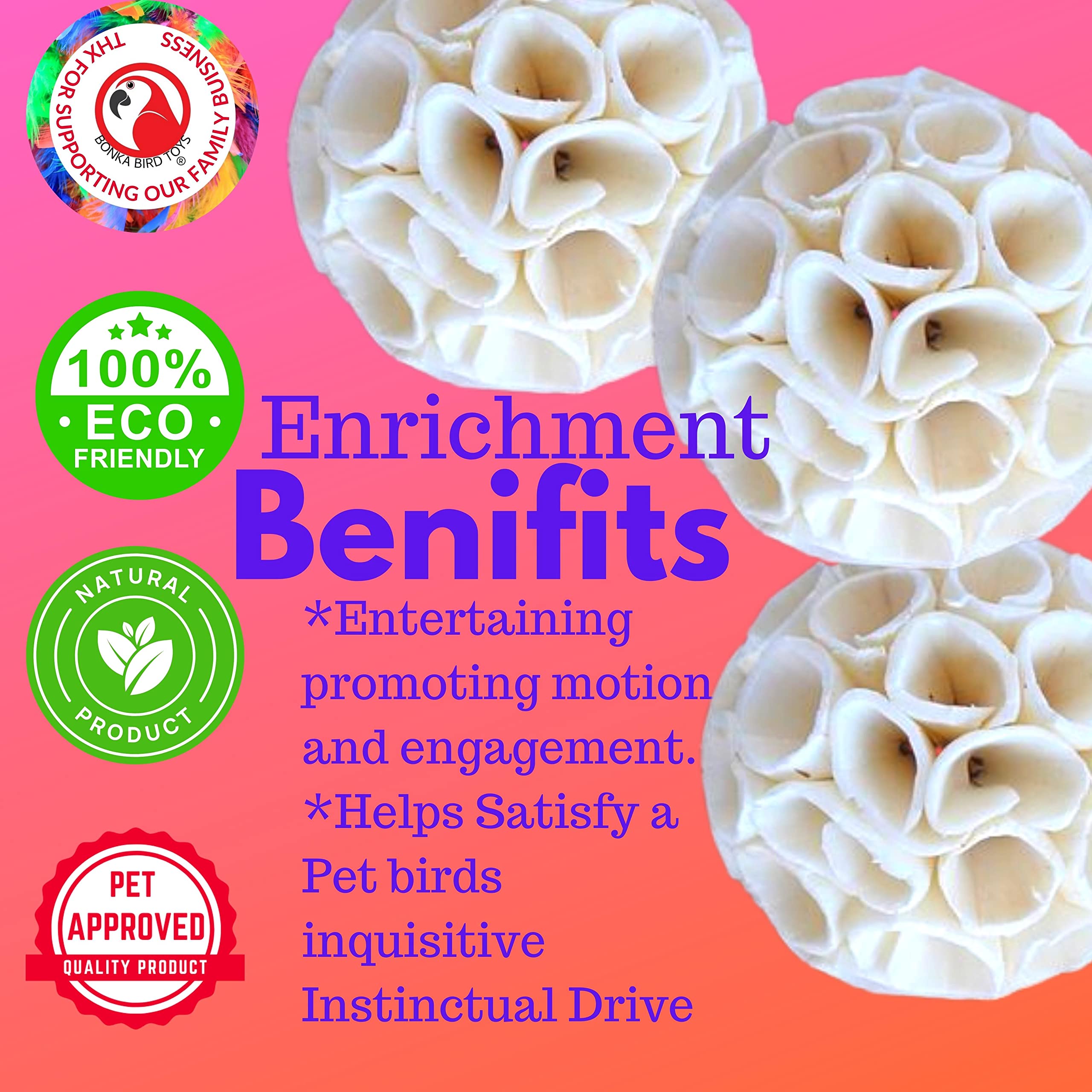 Bonka Bird Toys 1215 Pk3 Natural Sola Crepe Ball Chew Shred Foraging Parrot Cockatiel Conure Quaker Caique Rabbits Guinea Chinchilla Bunny