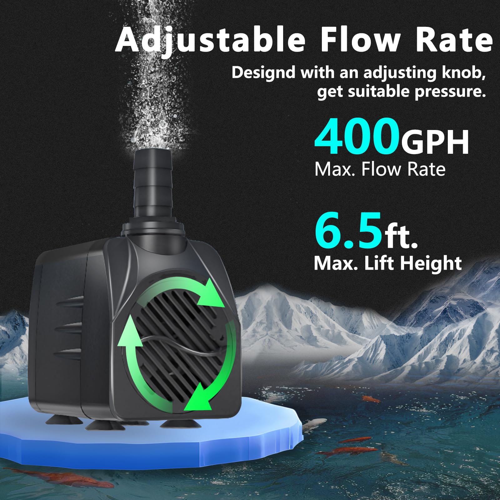 Zoronk 400GPH Auto-Shut-OFF Submersible Pond Pump (1500L/H 25W) Ultra Quiet Fountain Water Pump with 6.5ft High Lift, 3 Nozzles