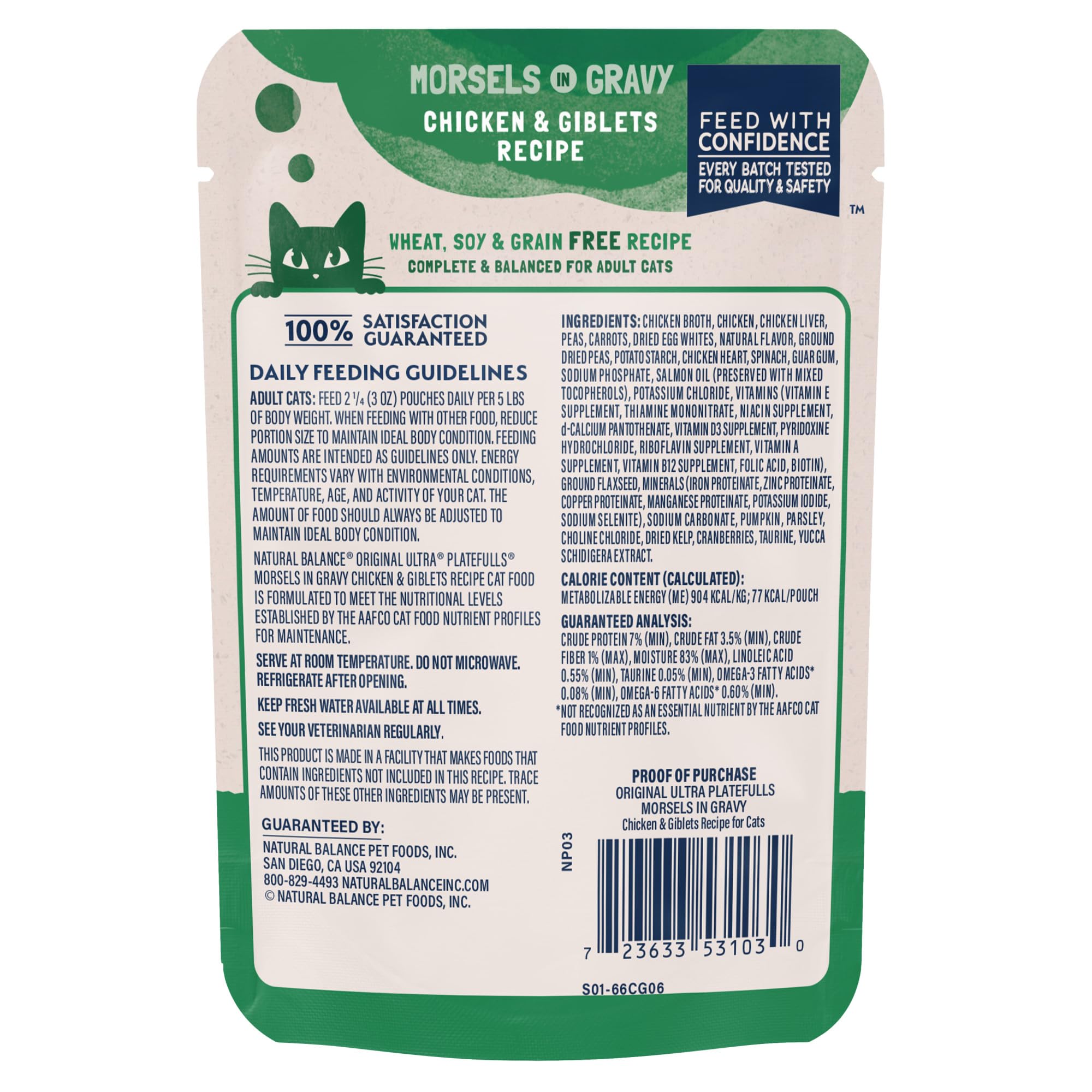 Natural Balance Original Ultra Platefulls Adult Grain Free Wet Cat Food Salmon, Chicken & Giblets Formula in Gravy, 3 Ounce Pouc