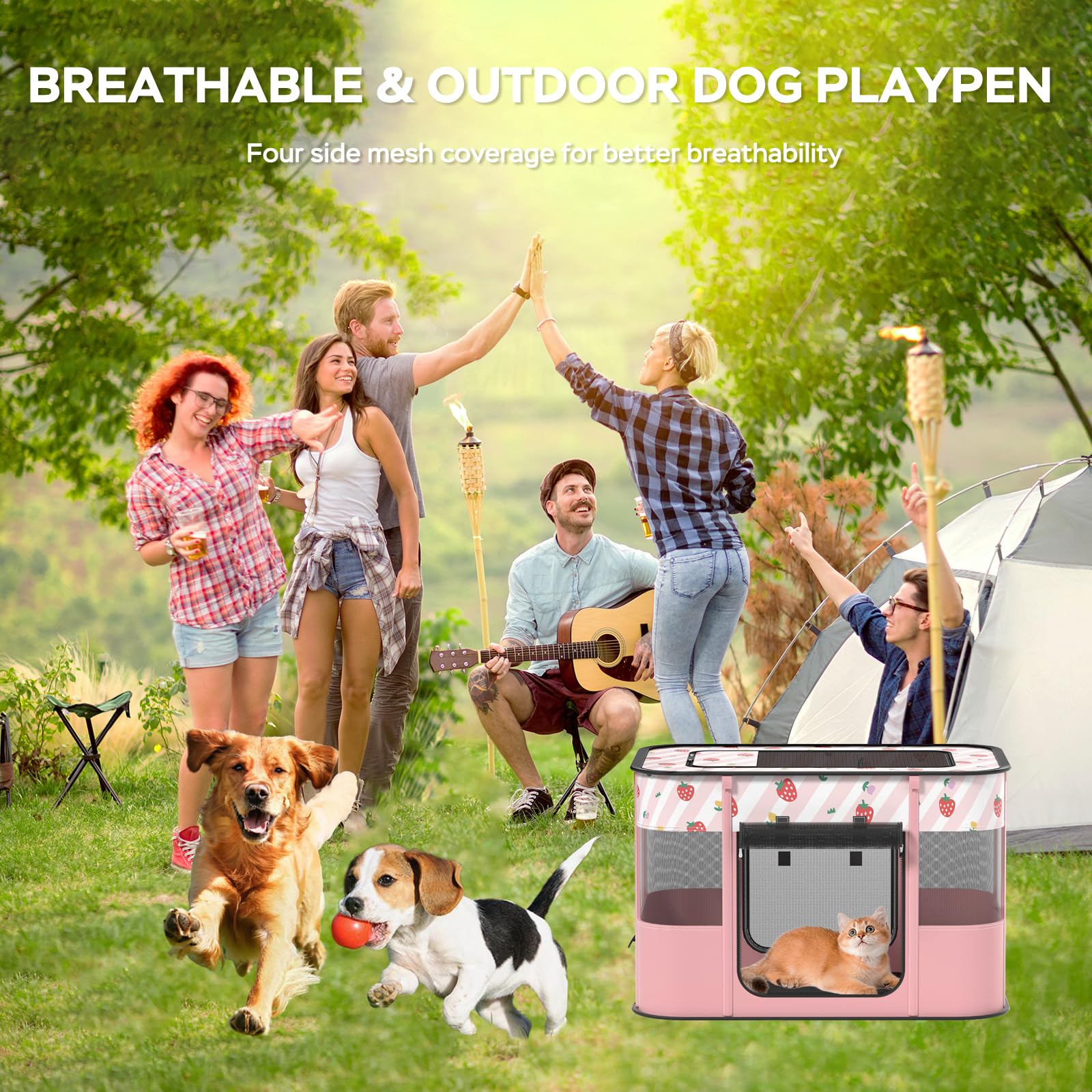 Portable Pet Playpen, Cat Playpen for Indoor Cats Enclosed,Kitten Playpen Indoor with Resistant Breathable Shade Cover,Indoor Ou