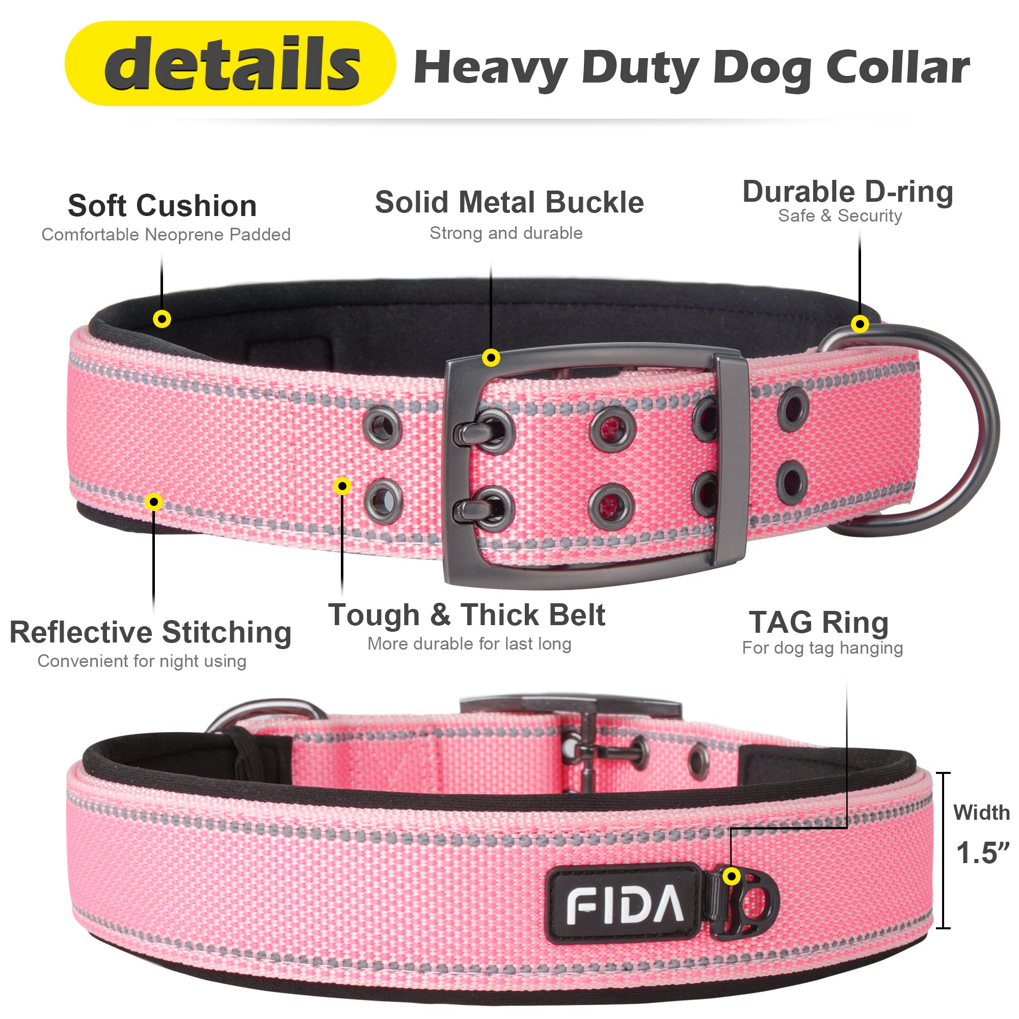 Fida Heavy Duty Dog Collar 1.5” Width, Ultra Soft Neoprene Padded, Adjustable Reflective Nylon Pet Collar With Two Metal Pin Belt Buckle For Large/X-Large Breeds (Xl, Pink)