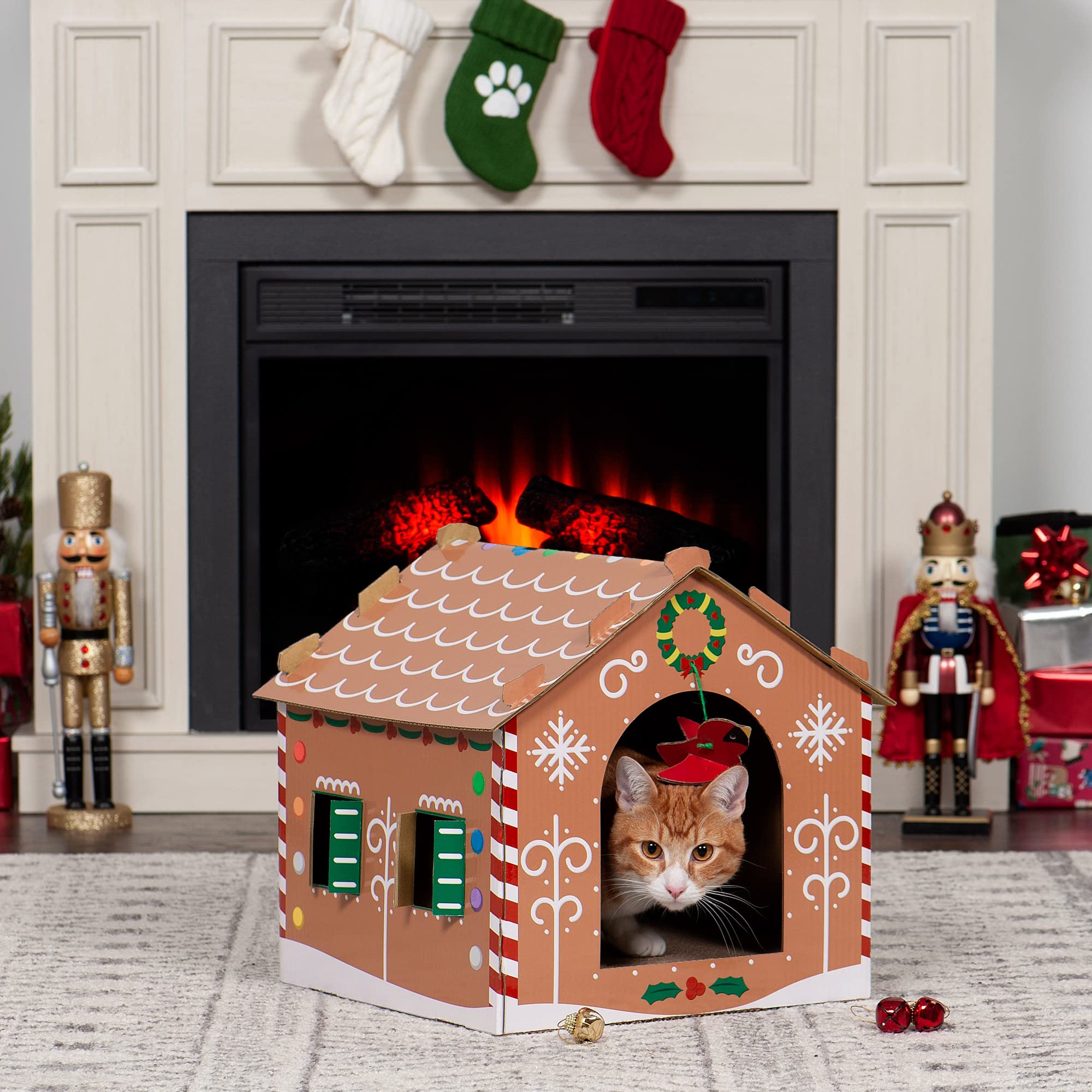 Furhaven Cardboard Cat House W/ Catnip For Indoor Cats, Ft. Scratching Pad & Hanging Toys - Decorated Gingerbread House Holiday