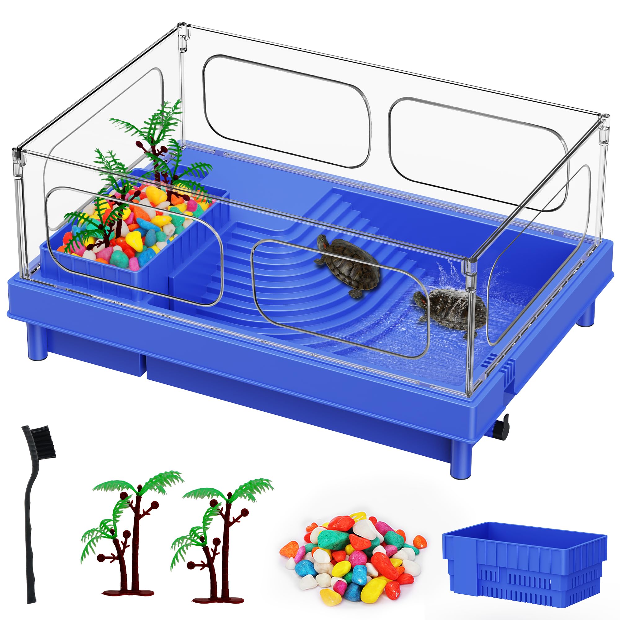 Geegoods Turtle Tank, Blue Small Turtle Aquarium, Turtle Habitat With Basking Platform