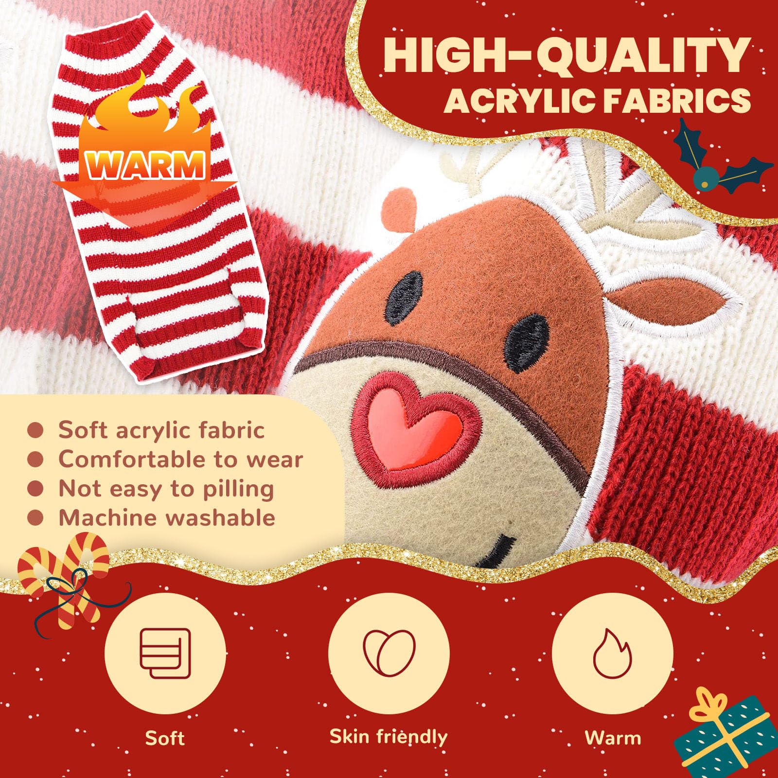 Axiijgl Christmas Sweaters For Dogs Reindeer Dog Fleece Sweater Striped Dog Winter Clothes Holiday Christmas Sweater For Cats Wi