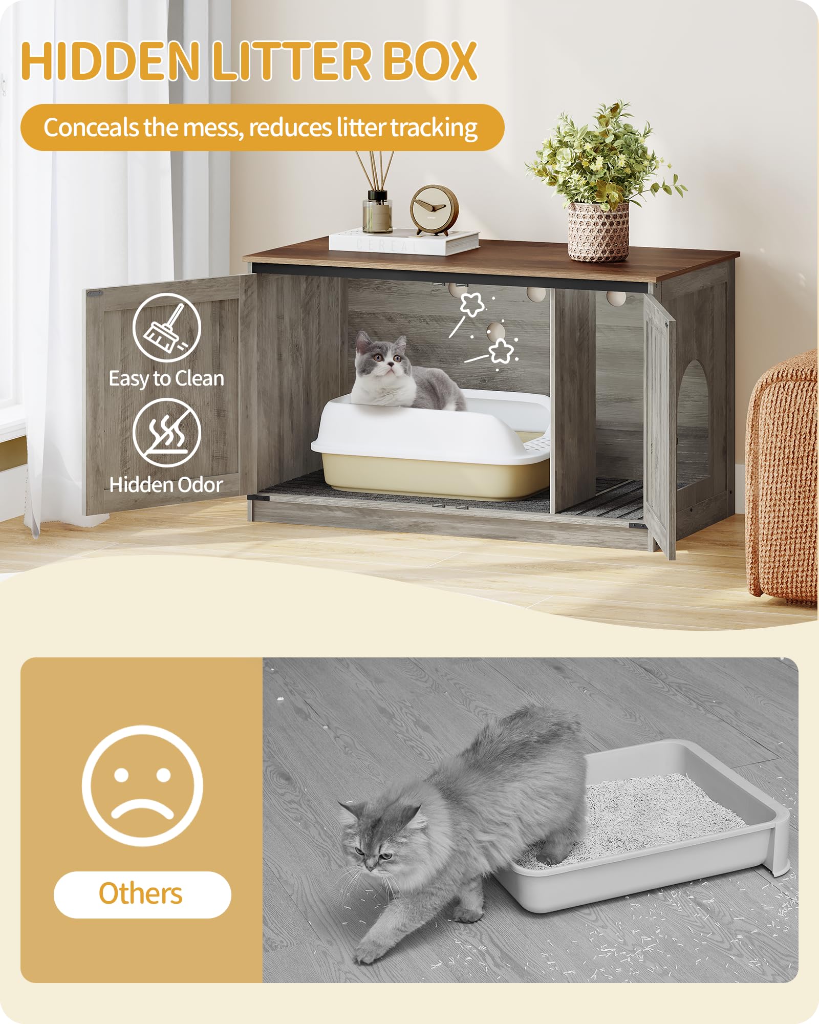 Hzuaneri Cat Litter Box Enclosure with Cushion, Hidden Litter Box Furniture with Removable Dividers, Reversible Entrance Left or