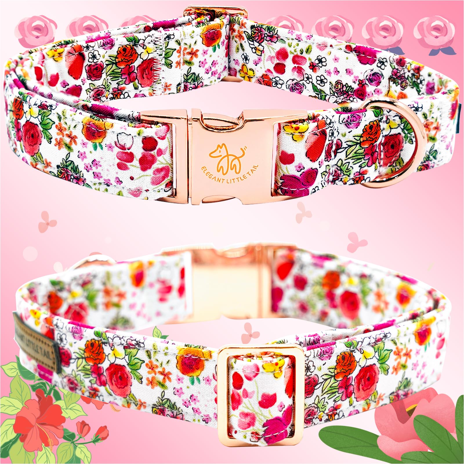 Elegant Pink Floral Print Summer Dog Collar - Cotton, Durable, Metal Buckle For Medium Dogs