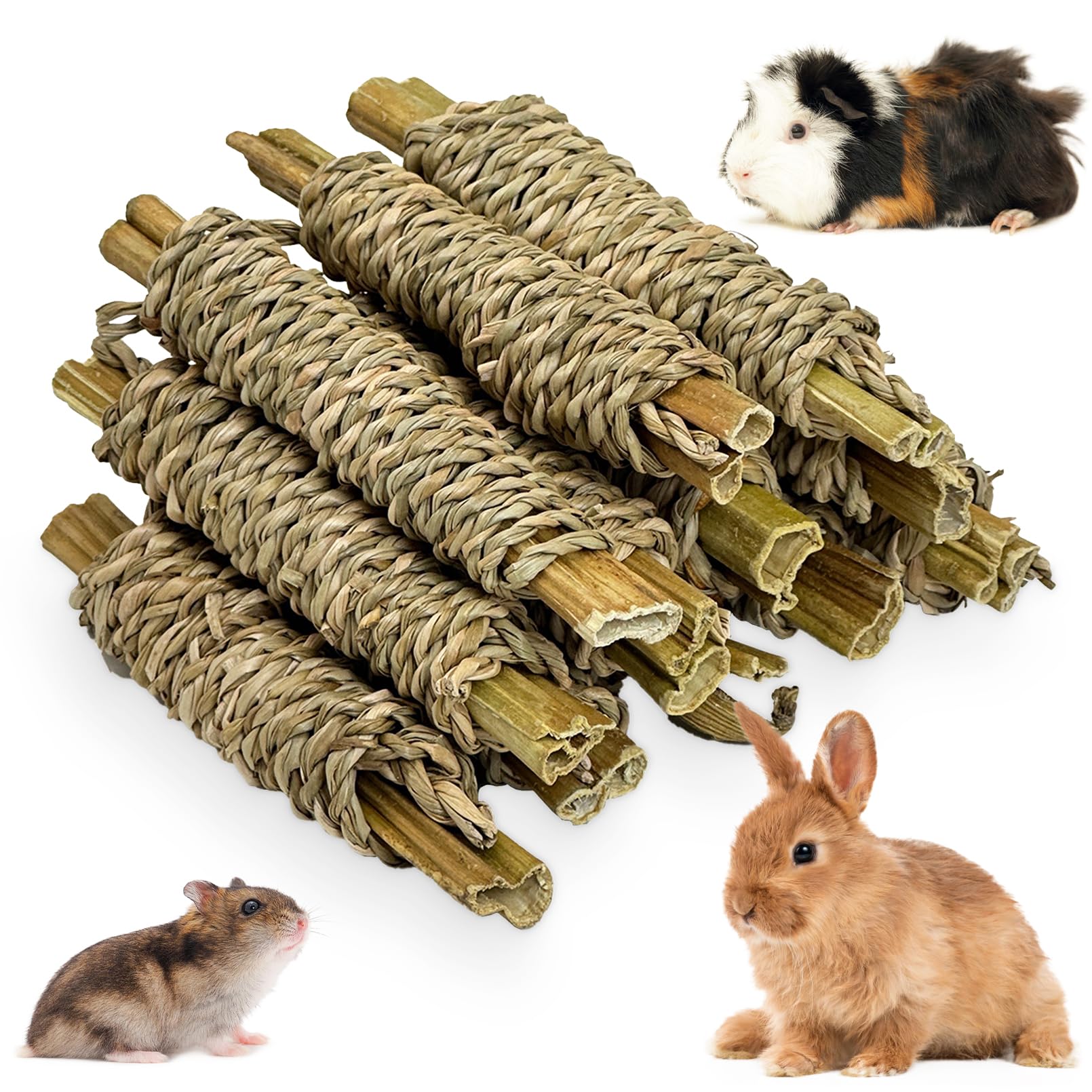 Fhiny 12 Pcs Rabbit Chew Sticks, Natural Papaya Wood Seagrass Guinea Pig Chew Toys For Teeth Small Animal Molar Sticks Snacks Fo