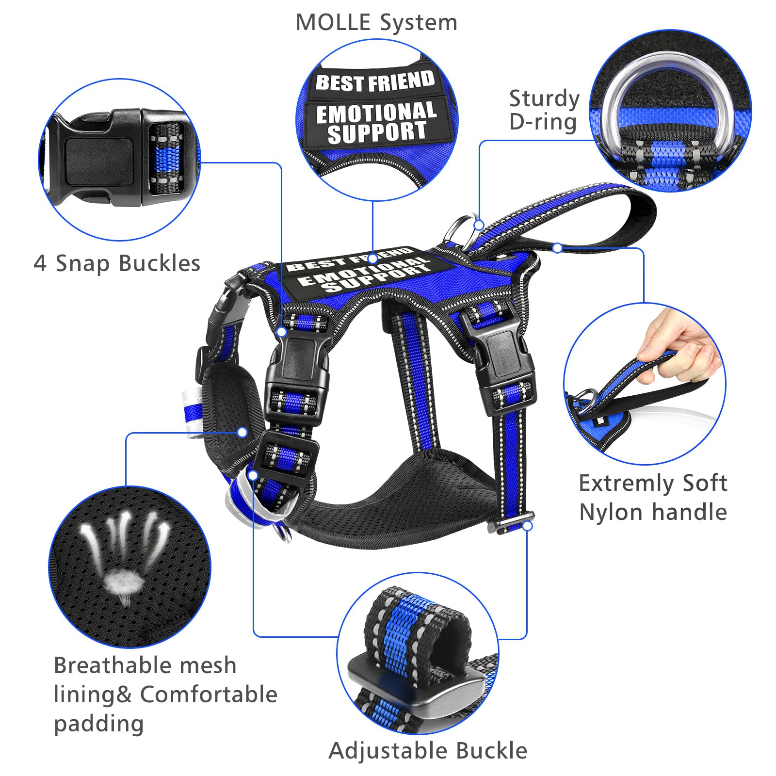 Winsee Service Dog Vest No Pull Dog Harness With 7 Dog Patches, Reflective Pet Harness With Durable Soft Padded Handle For Training Small, Medium, Large, And Extra-Large Dogs (Medium, Dark Blue)