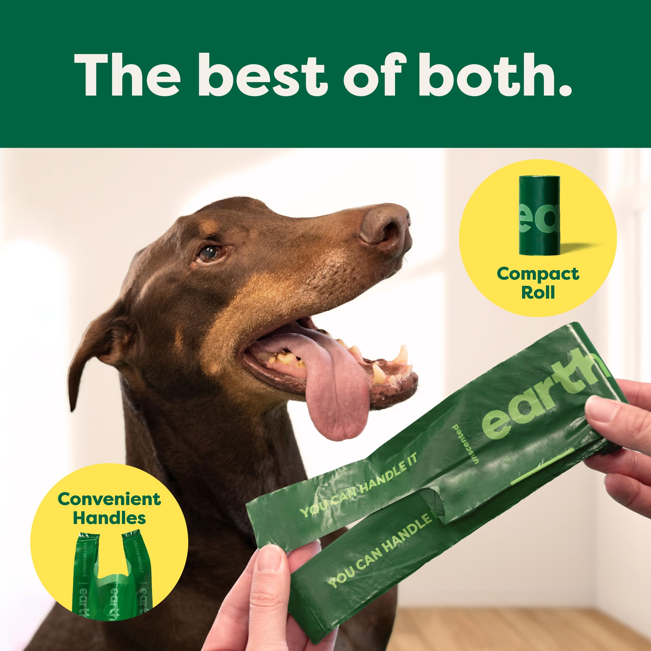 Earth Rated Dog Poop Bags With Handles On Refill Rolls, Easy-Tie On A Compact Roll, Extra Wide Opening, Guaranteed Leak-Proof, Unscented, 105 Count