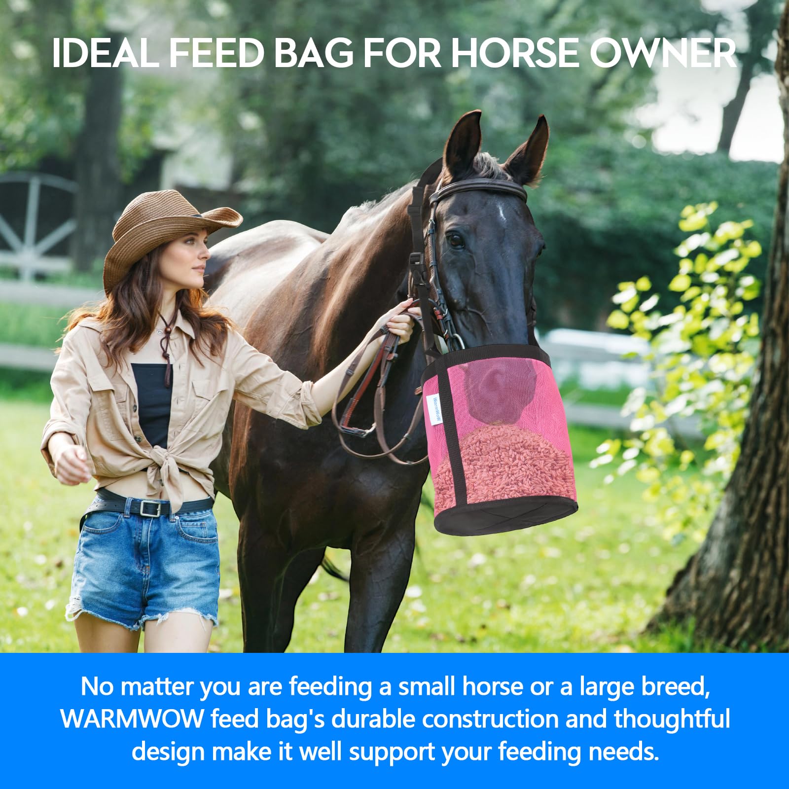 WARMWOW Horse Feed Bag Pack of 2, Feed Bags for Horses with Ventilation Mesh, Comfort Nose Pad Neck Pad, Adjustable Strap, Spill