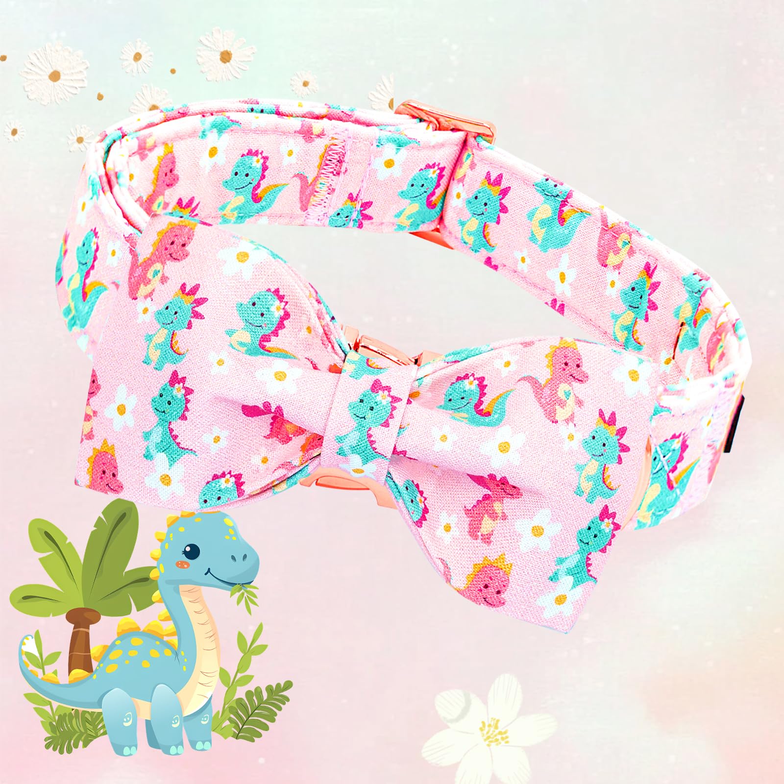 Lionheart Glory Dog Bow Collar Dinosaurs Pattern Cute Collars For Medium Dogs,Soft Duty Adjustable Dog Collar With Bowtie Spring