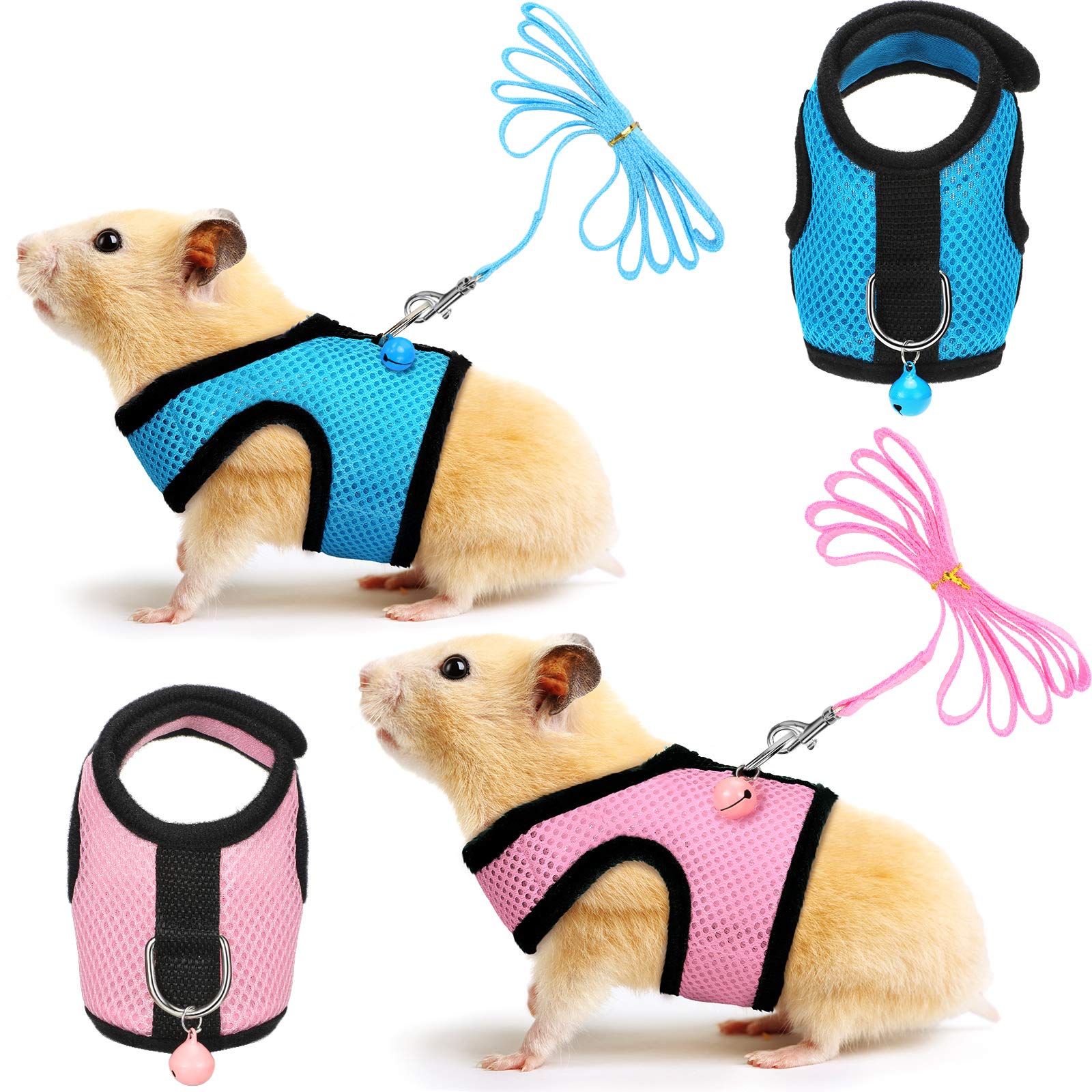 SATINIOR 2 Pieces Guinea Pig Clothes Baby Ferret Rats Hamster Soft Mesh Harness Leash Vest Set with Bell for Guinea Pigs, Hamste