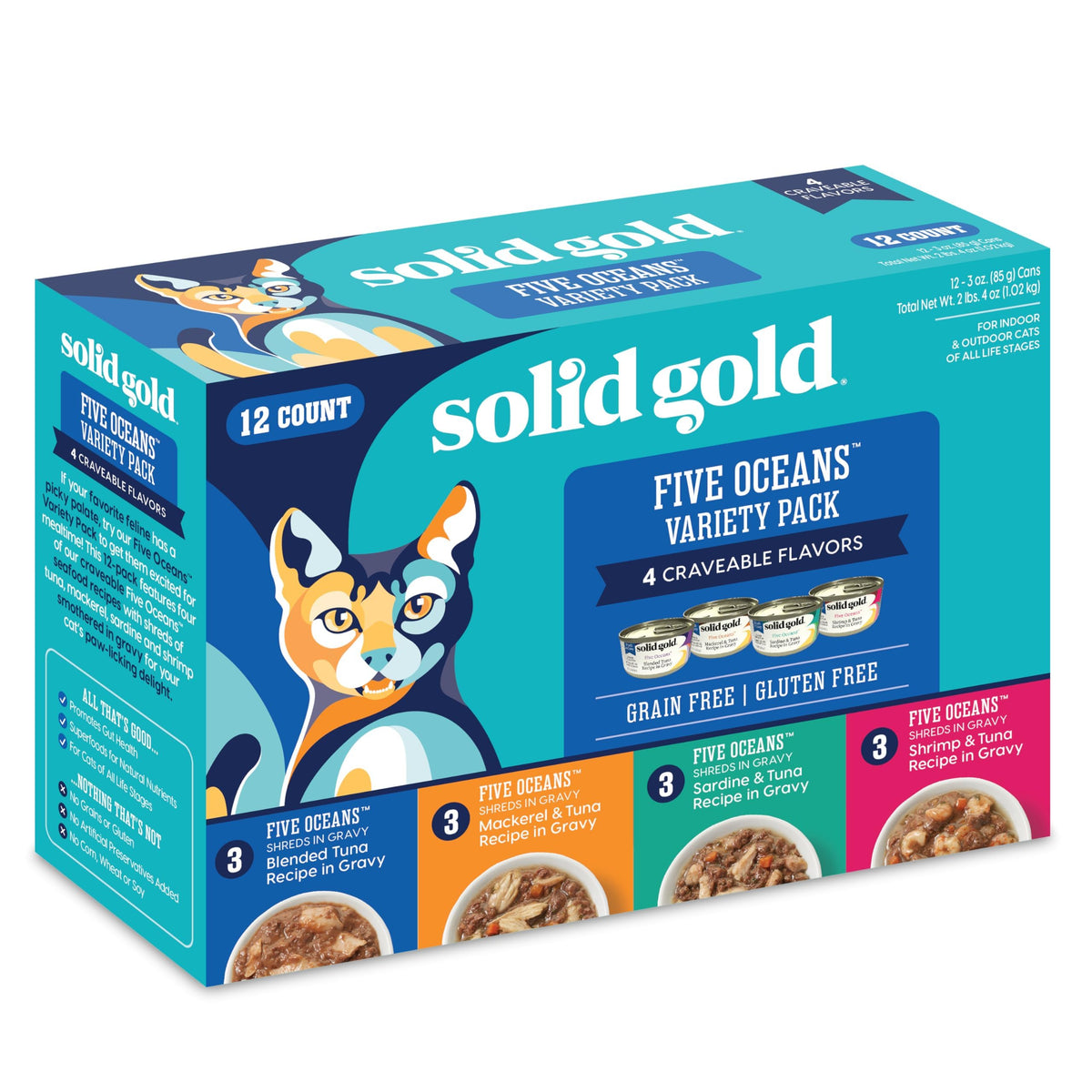 Solid Gold Wet Cat Food Shreds In Gravy - Canned Variety Pack Made W/Real Tuna - Five Oceans Grain Free - 12Ct/3Oz Can