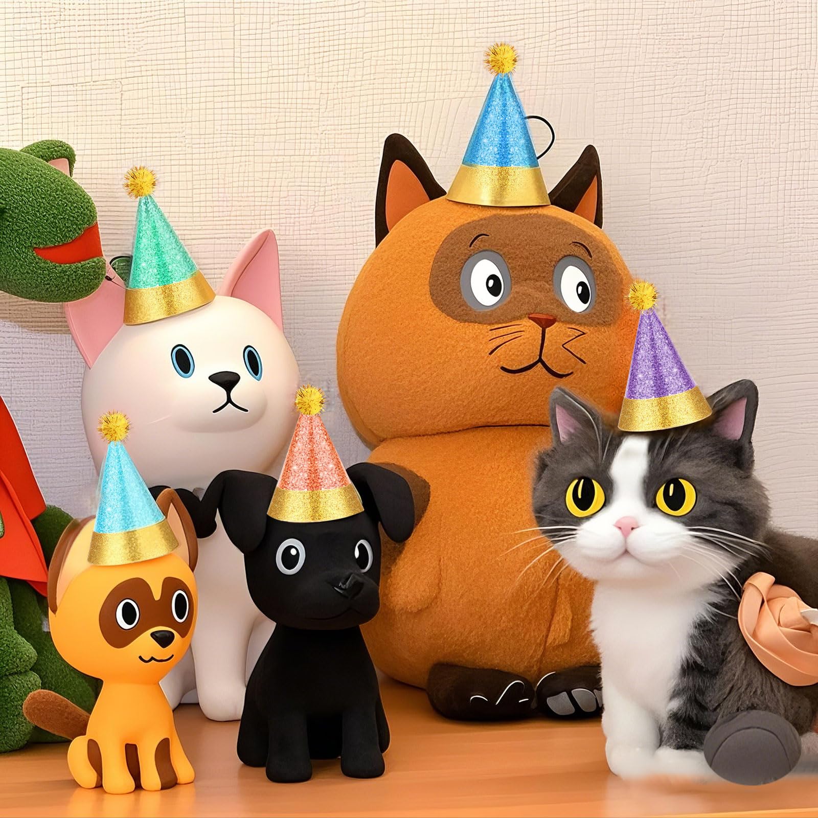 Sonwyoung 40 Pcs Mini Party Hats With Pompoms, Glitter Stuffed Animals Birthday Party Cone Hat For Stuffed Animals Pets