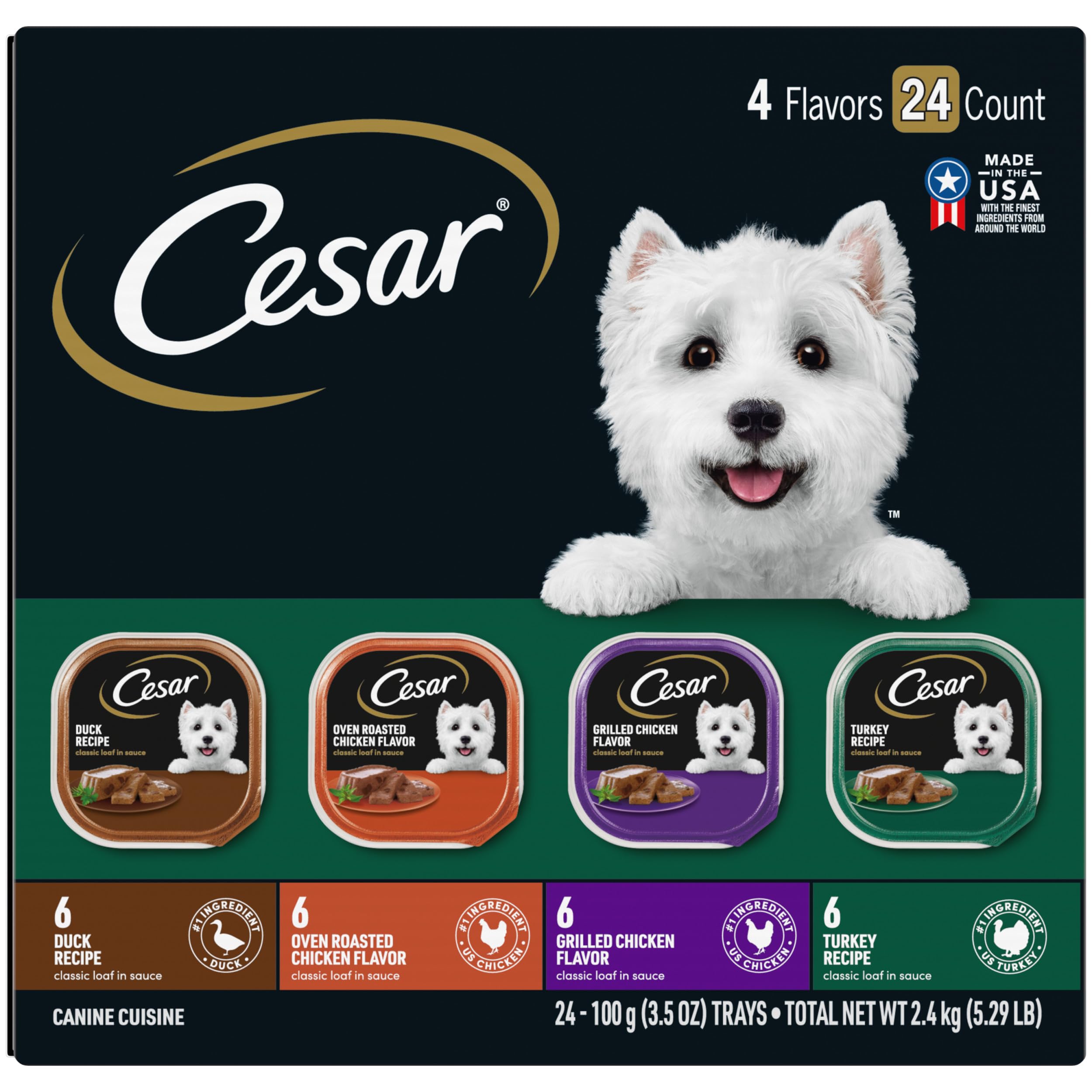 CESAR Adult Wet Dog Food Classic Loaf in Sauce Poultry Variety Pack,. Easy Peel Trays with Real Chicken, Turkey or Duck, 3.5 Oun
